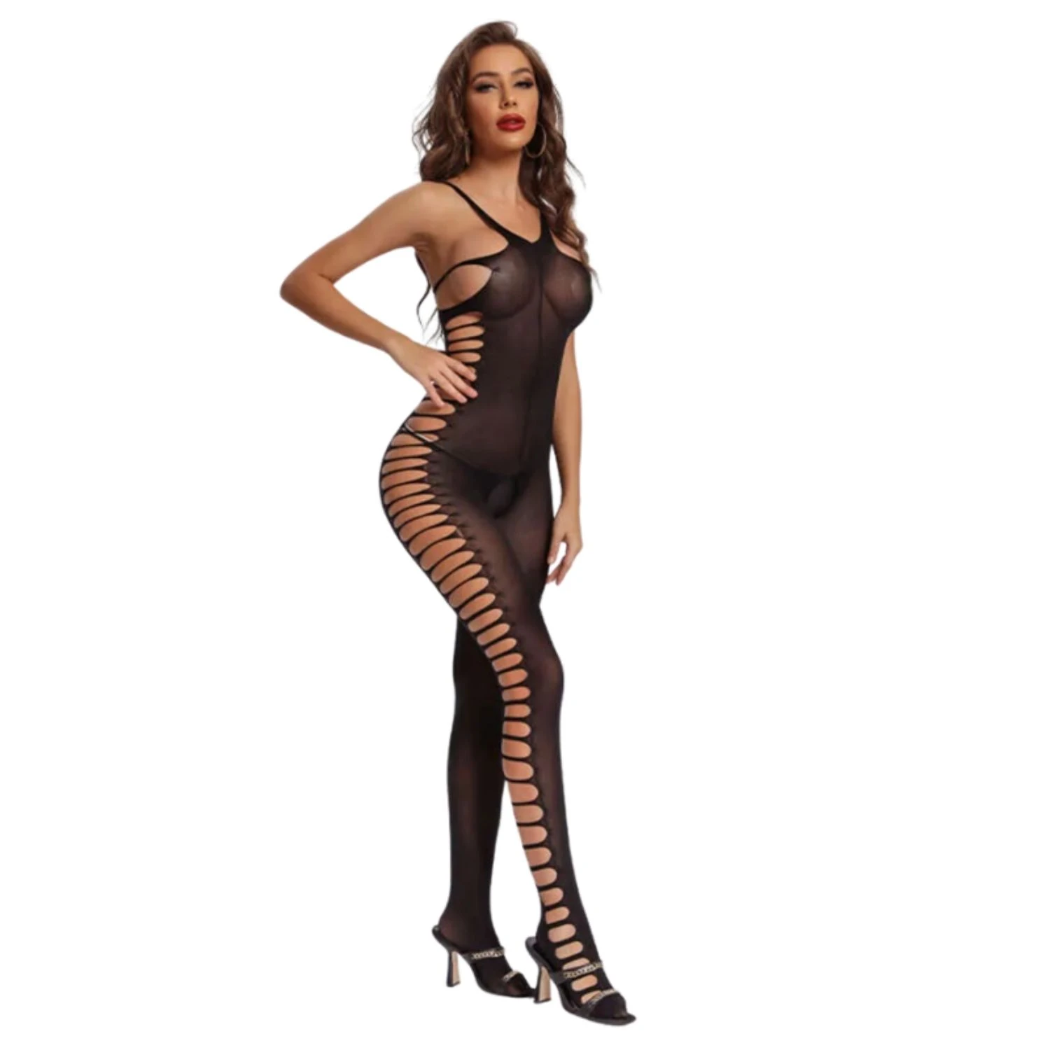 Yanları Yırtık Detaylı Özel Bölgesi Açık Askılı Seksi Vücut Çorabı