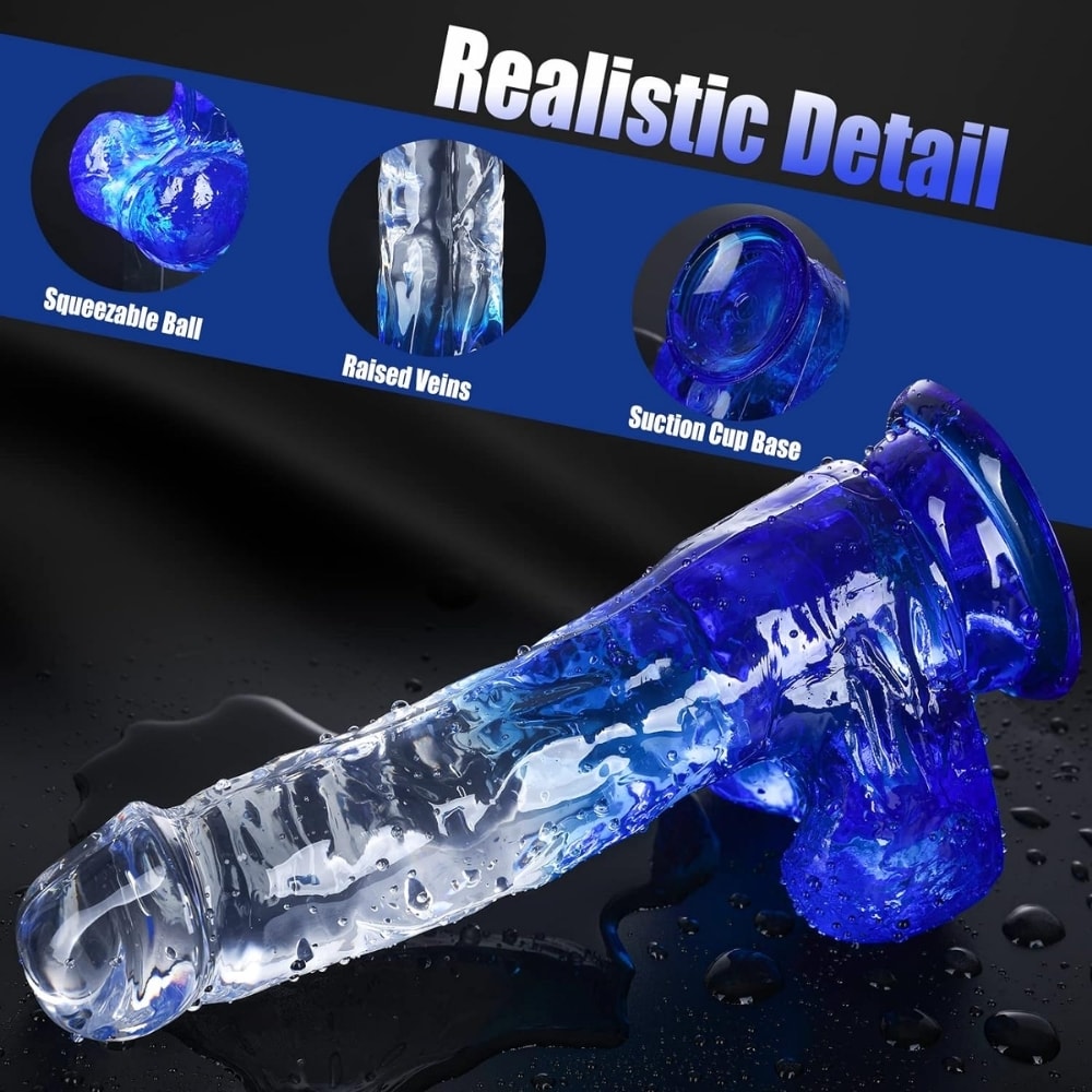 MYST COLOR Dildo Realistik Jel Dokuda Vantuzlu Ultra Yumuşak Şeffaf Mavi Yapay Penis detay