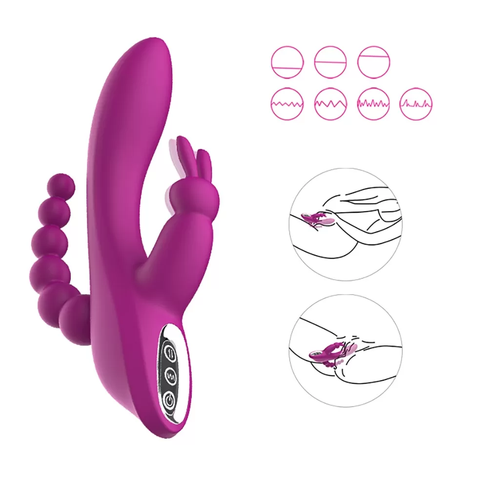 OLEY - Şarjlı Çift Motorlu Anal Vajina Klitoris Uyarıcı Üçlü Tavşan Rabbit Vibratör detay