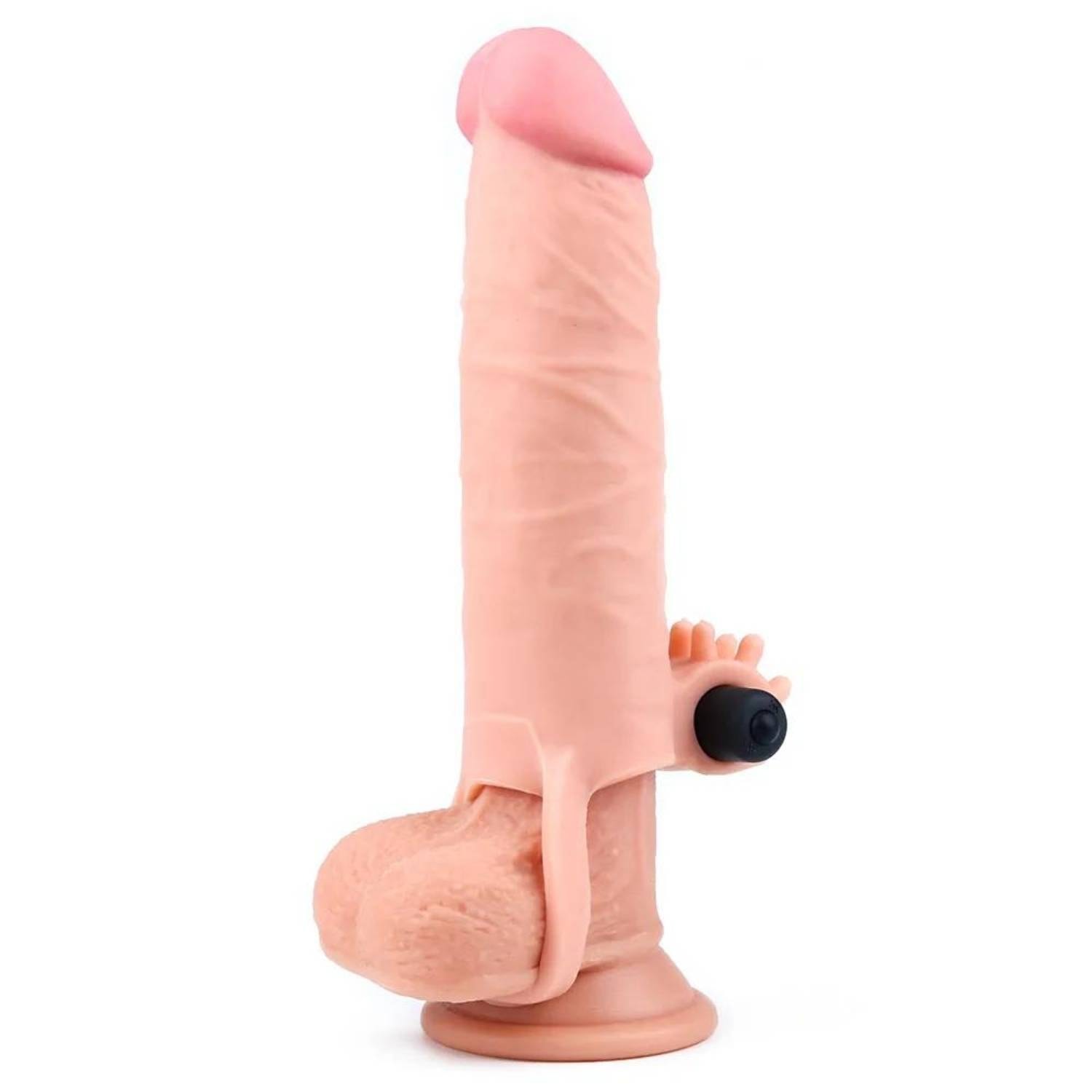 Gerçekçi Doku Penis Büyütücü Kalınlaştırıcı 3 CM Uzatmalı Klitoris Uyarıcı Titreşimli Realistik Penis Kılıfı 16 CM detay