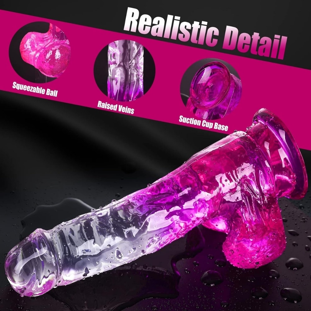 MYST COLOR Dildo Realistik Jel Dokuda Vantuzlu Ultra Yumuşak Şeffaf Mor Yapay Penis detay