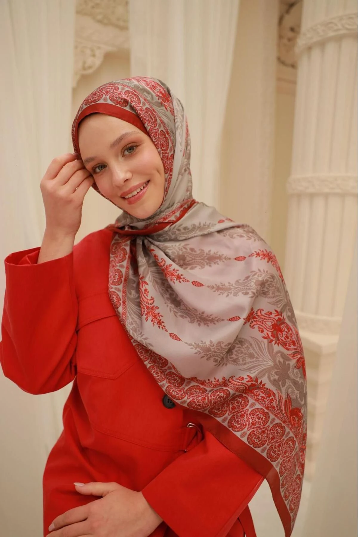 Etnik Desen Velina Şal - bej&kırmızı