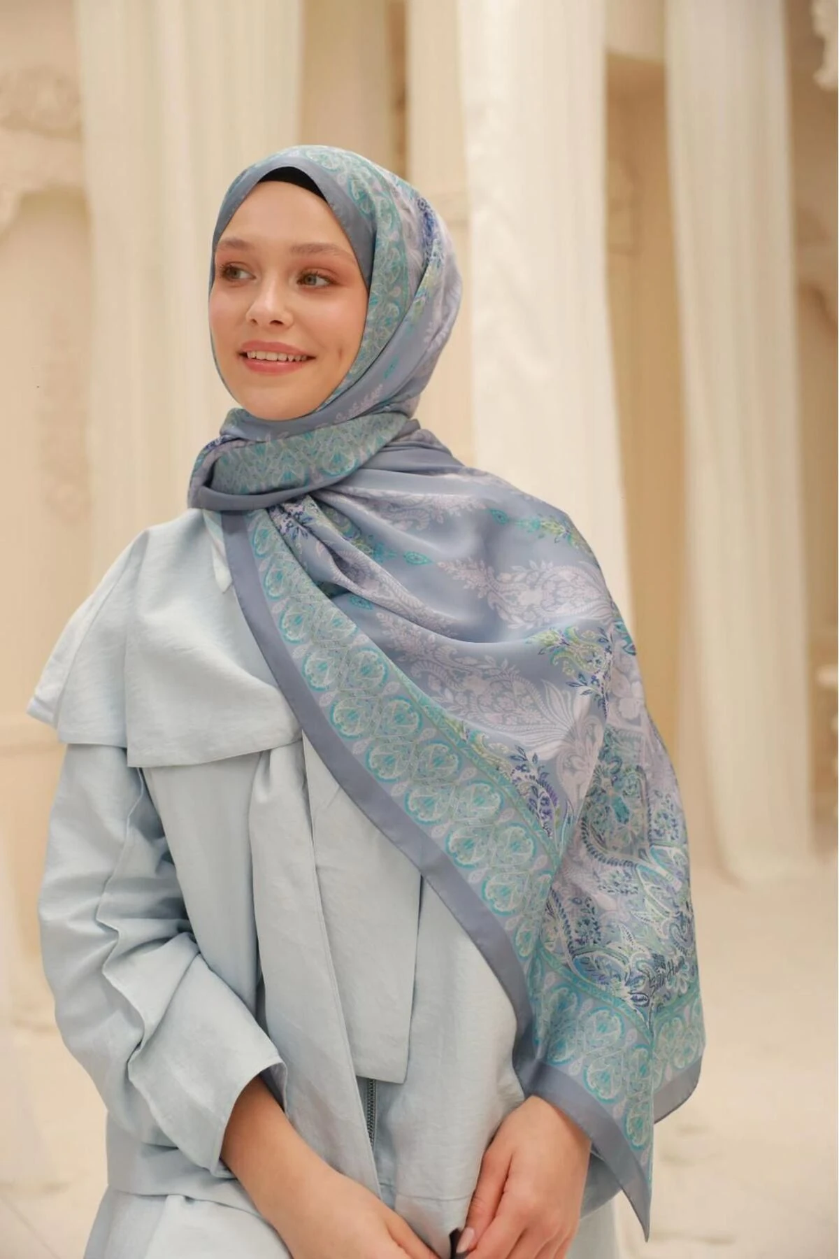 Etnik Desen Velina Şal - gümüş