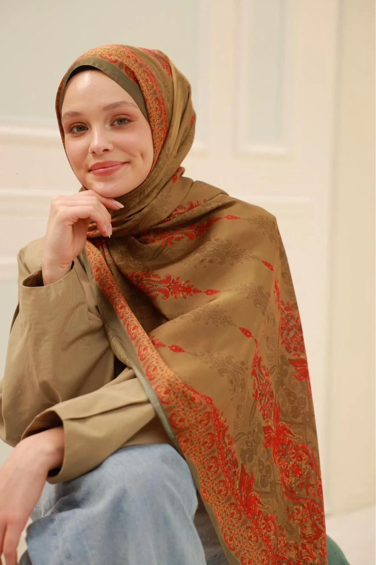 Etnik Desen Velina Şal - sütlü kahve