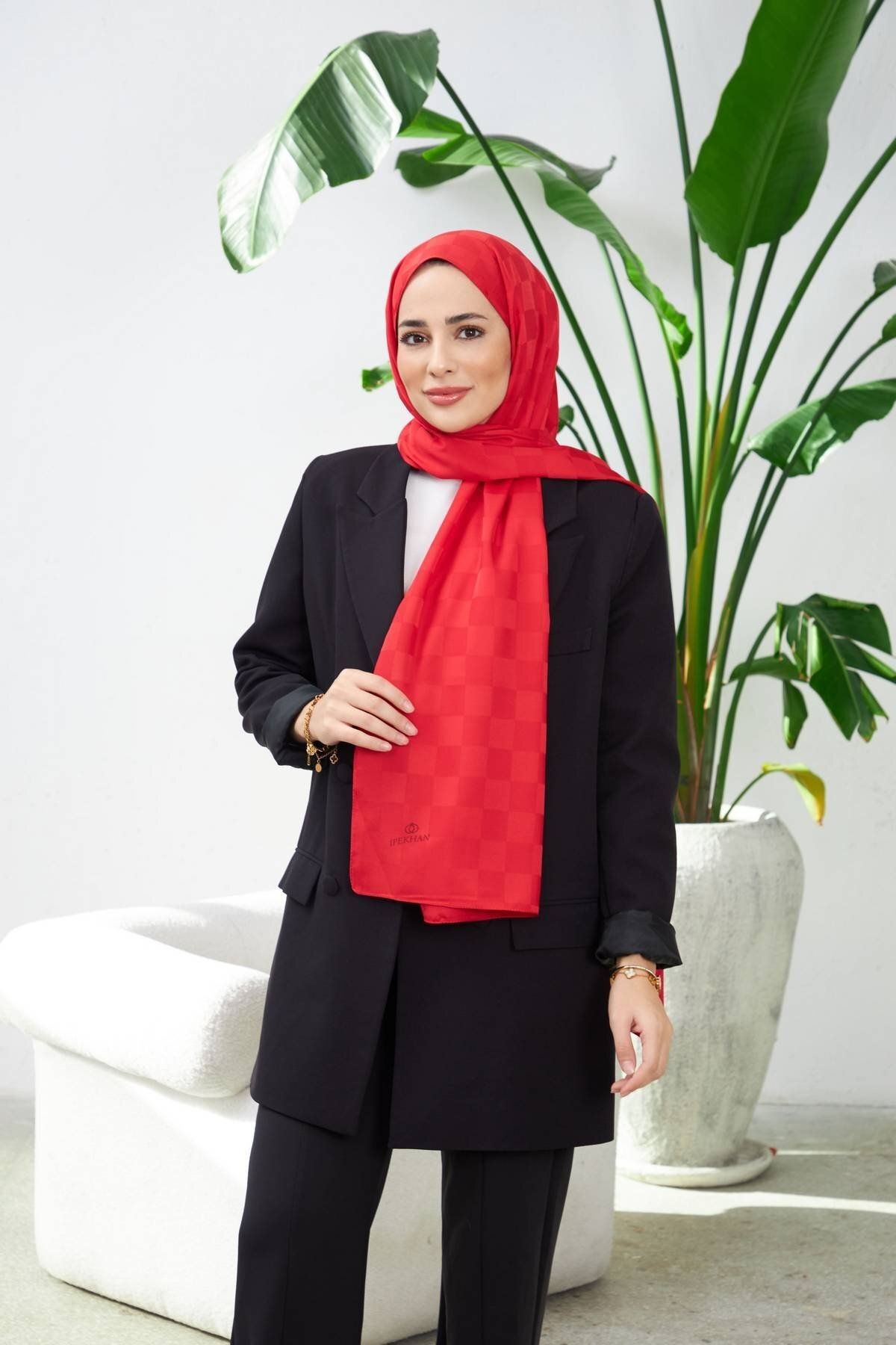 Damalı Desen Jakarlı Şal - kırmızı
