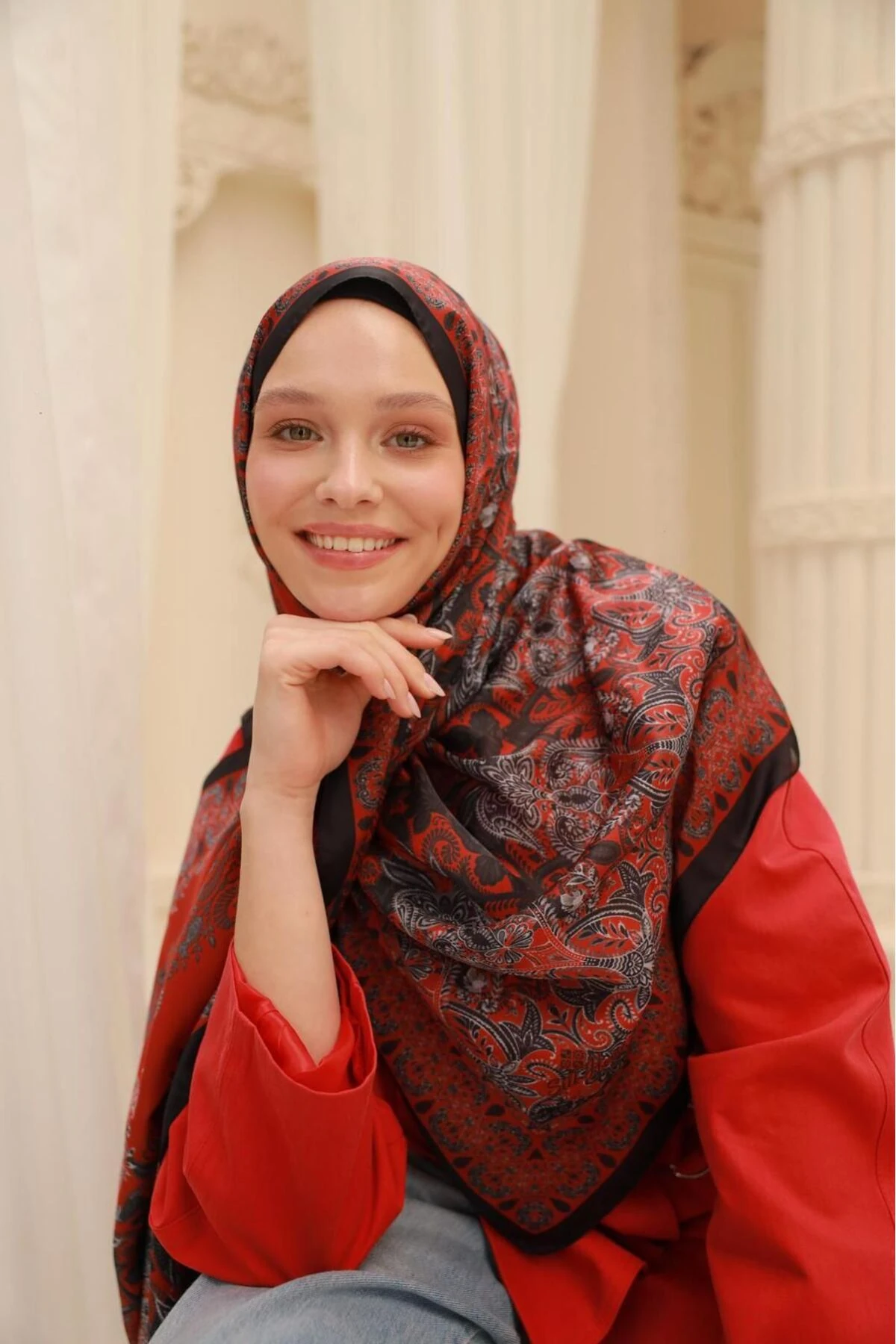 Etnik Desen Velina Şal - kırmızı