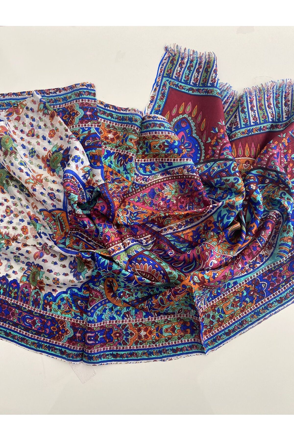 Mehlika Desen Hint İpeği Fular Şal - mavi&pembe