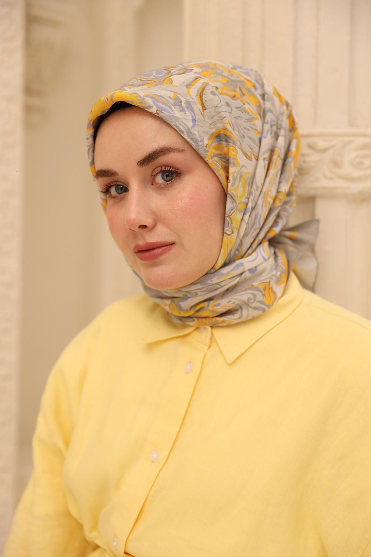 Süreyya Desen Olinda İpek Eşarp - gri&sarı