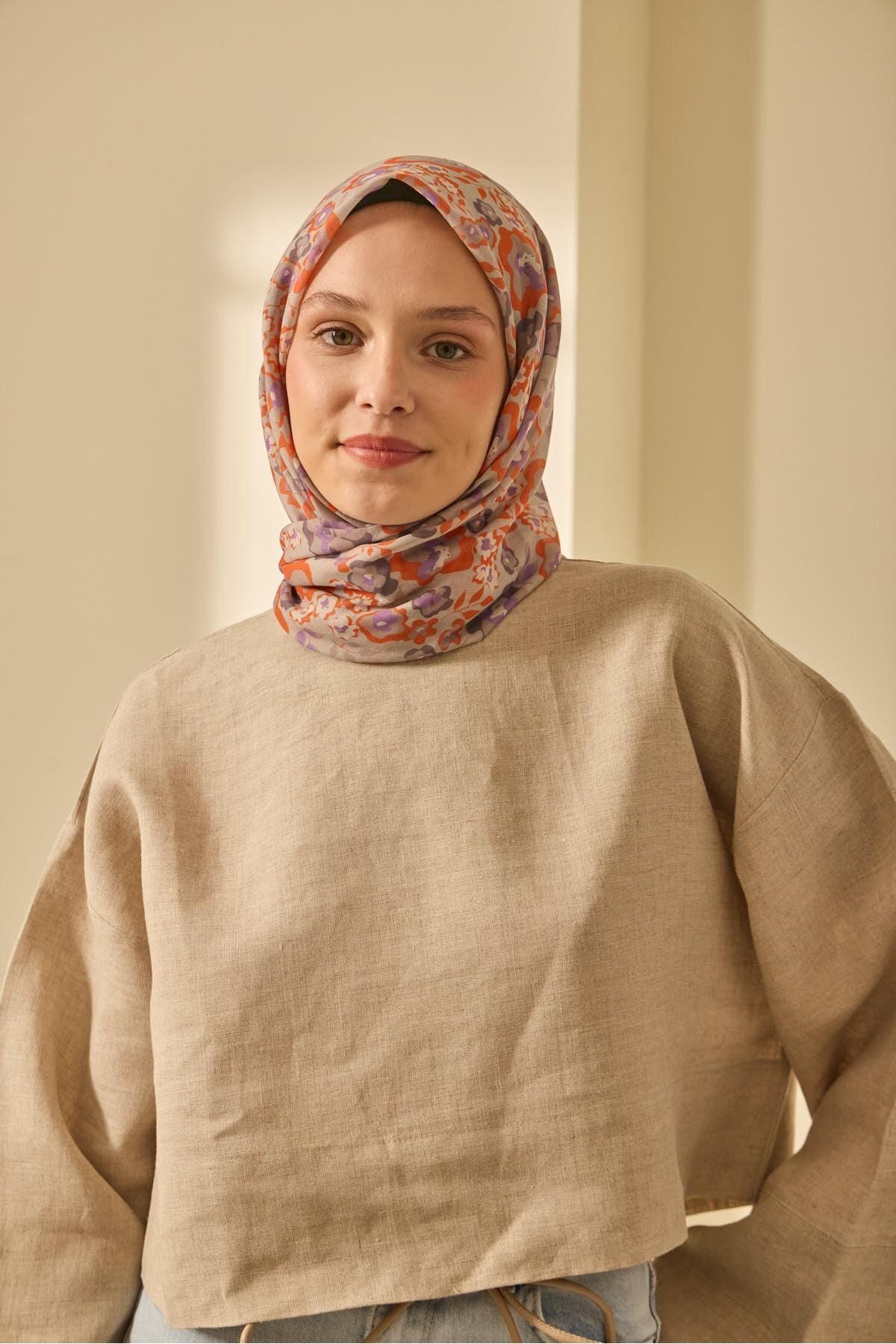 Mine Desen Soft Pamuk Eşarp - taş&turuncu