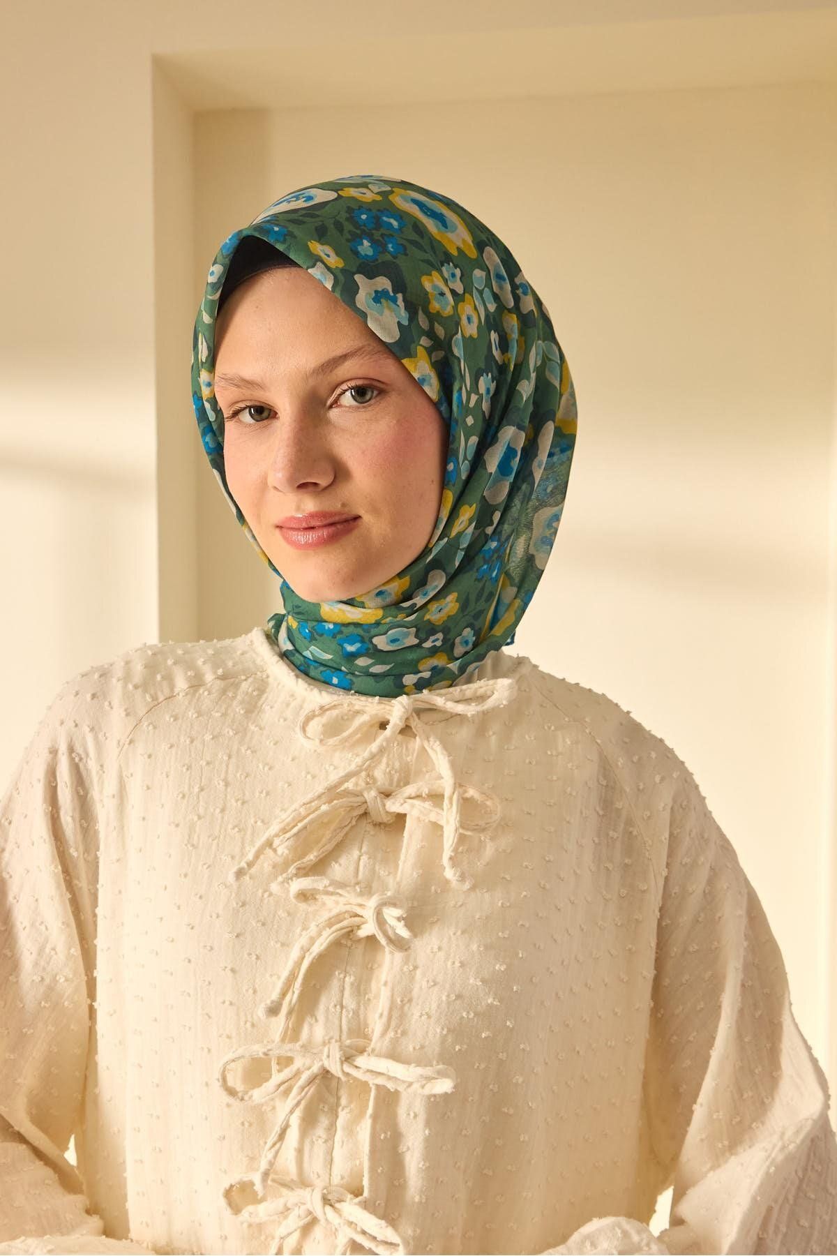 Mine Desen Soft Pamuk Eşarp - koyu yeşil