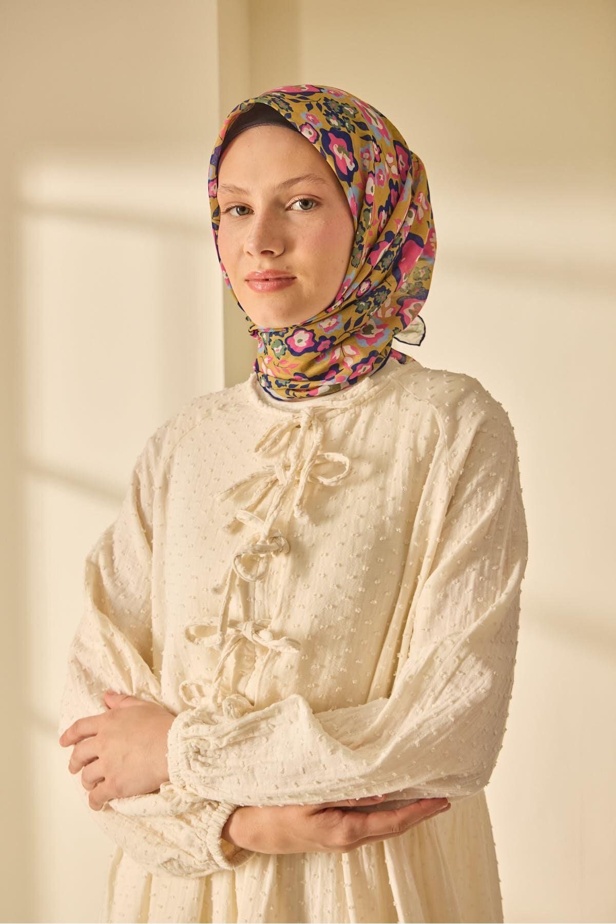 Mine Desen Soft Pamuk Eşarp - hardal