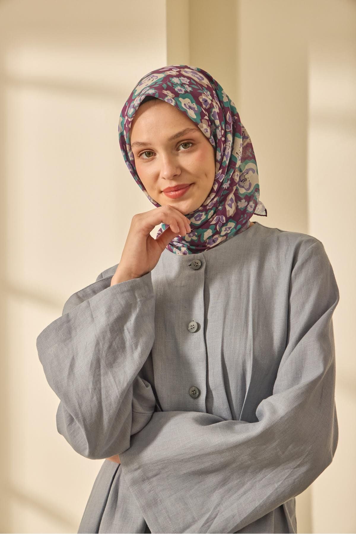 Mine Desen Soft Pamuk Eşarp - mürdüm