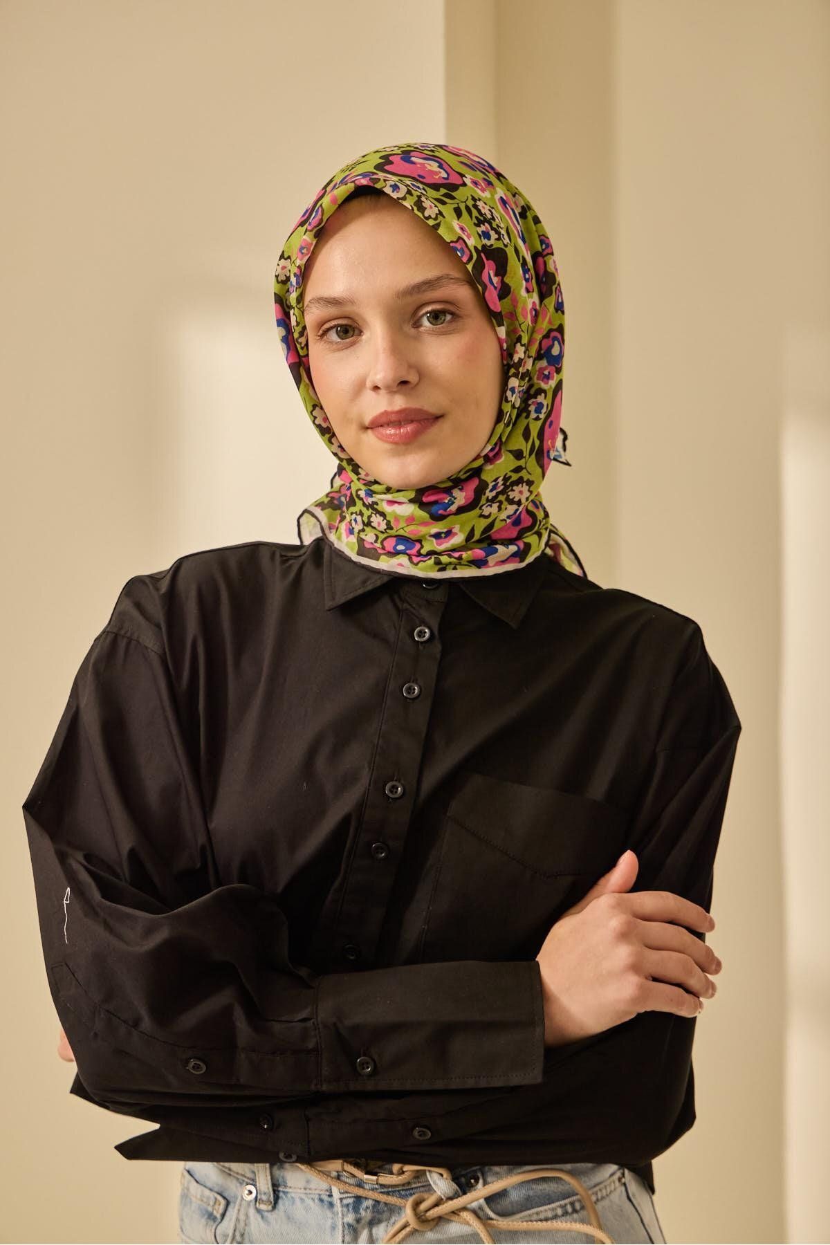 Mine Desen Soft Pamuk Eşarp - yeşil&pembe