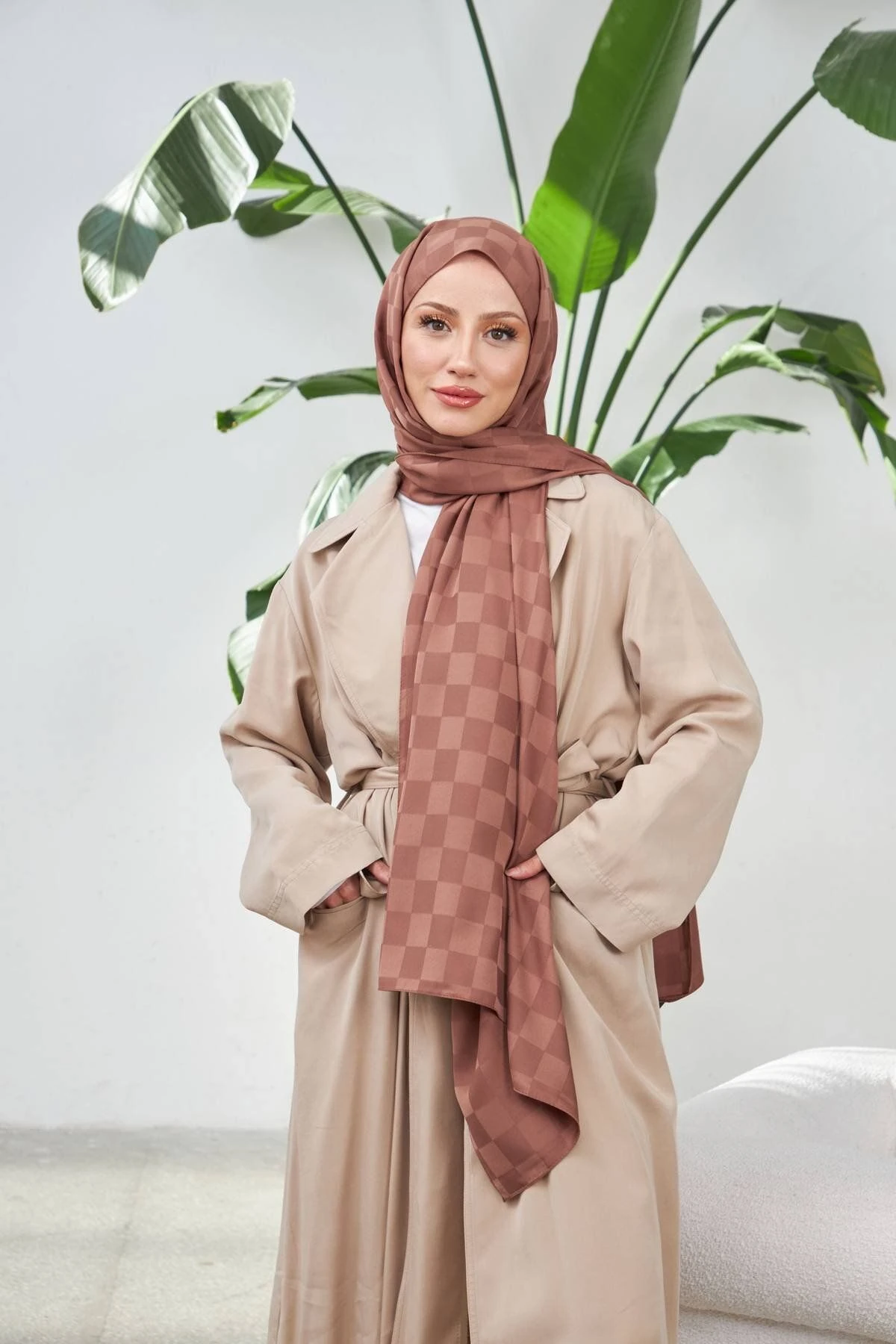 Damalı Desen Jakarlı Şal - kahverengi