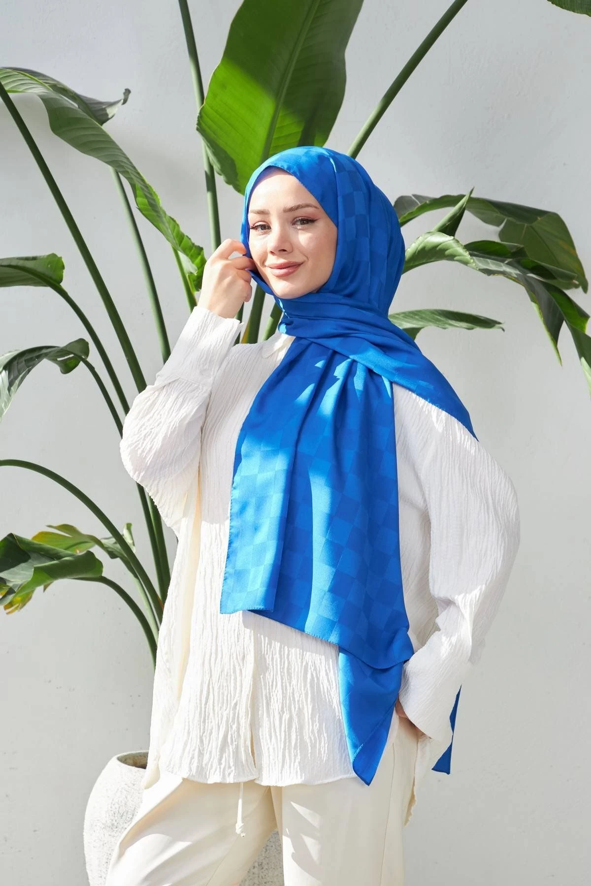 Damalı Desen Jakarlı Şal - saks mavi