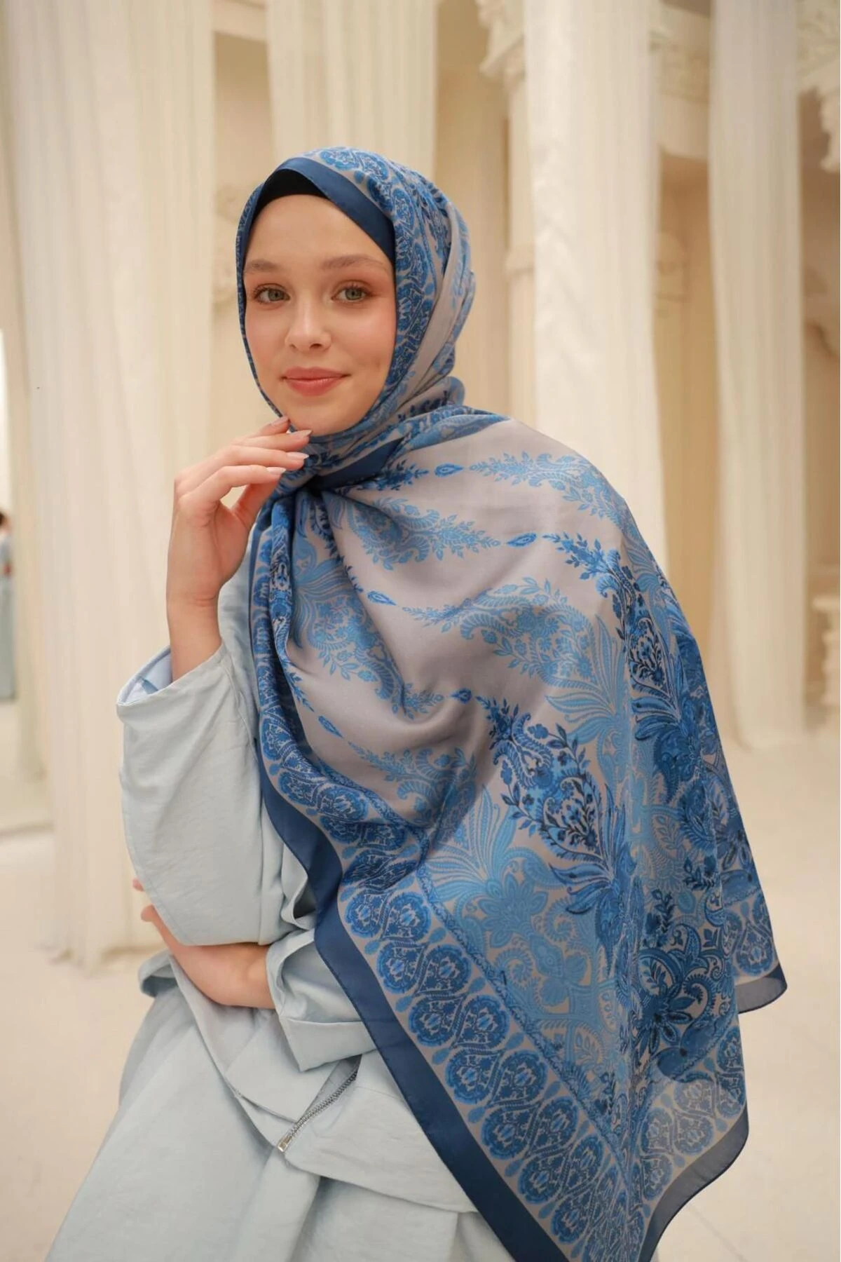 Etnik Desen Velina Şal - mavi
