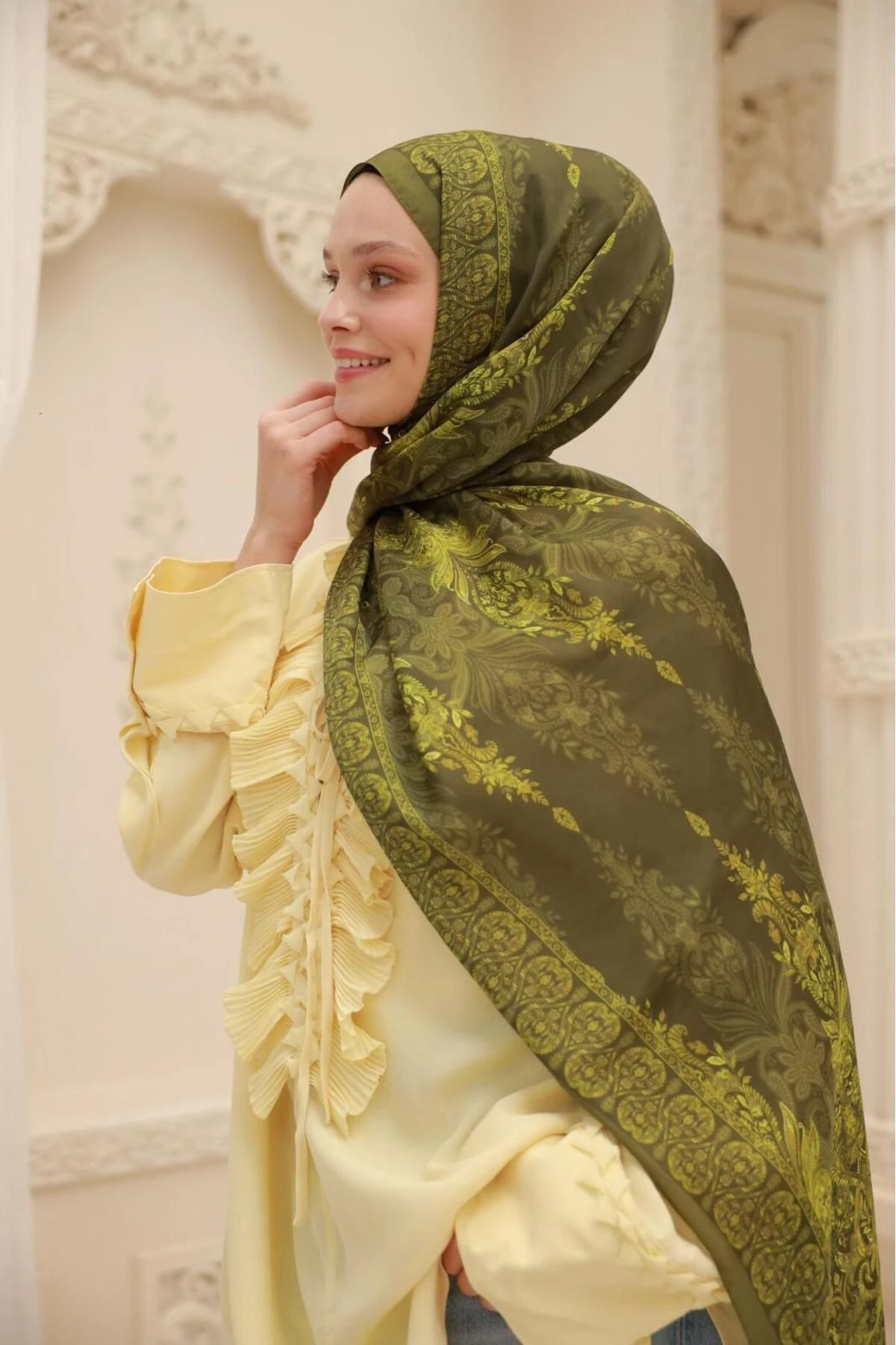 Etnik Desen Velina Şal - zeytin