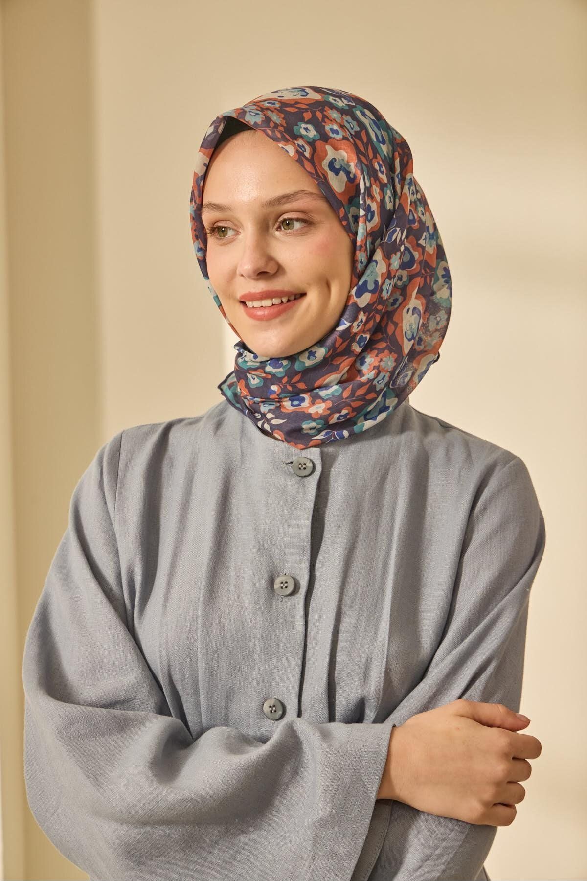 Mine Desen Soft Pamuk Eşarp - lacivert