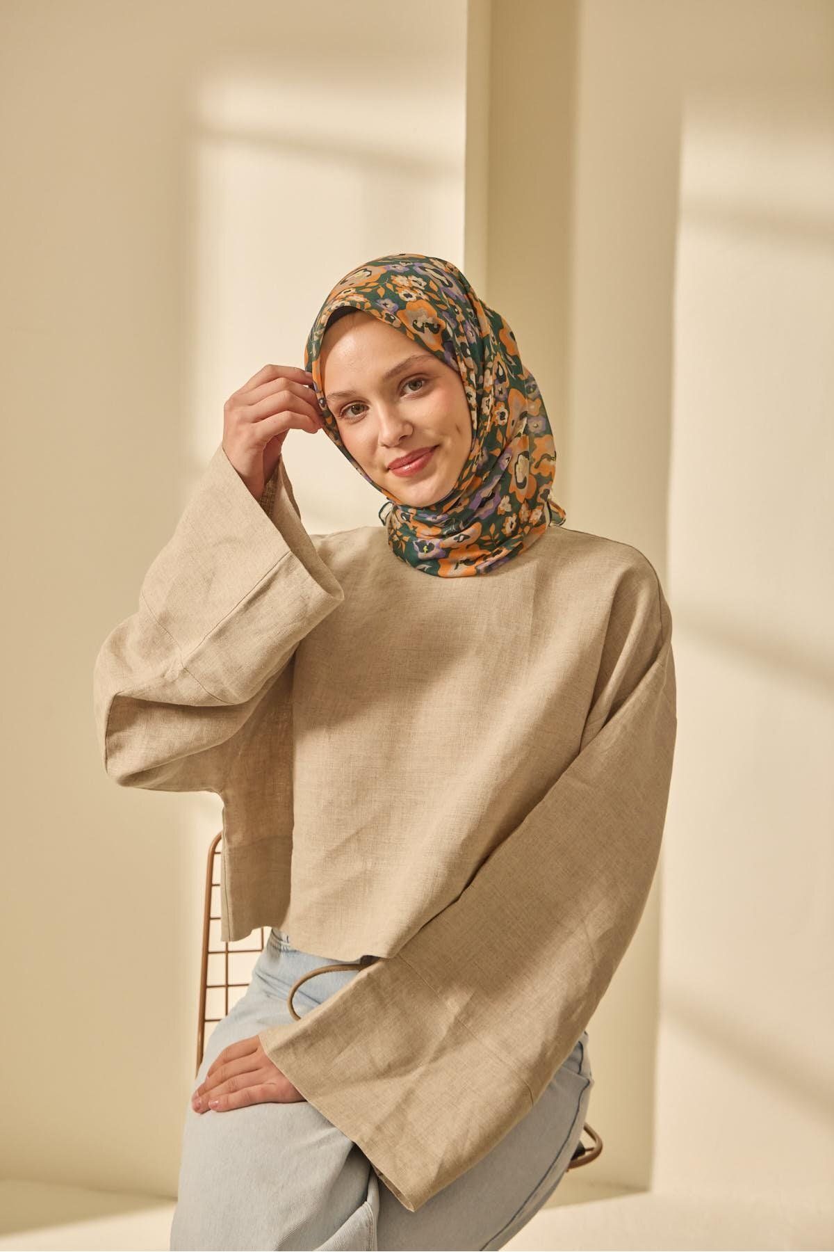 Mine Desen Soft Pamuk Eşarp - koyu yeşil&turuncu