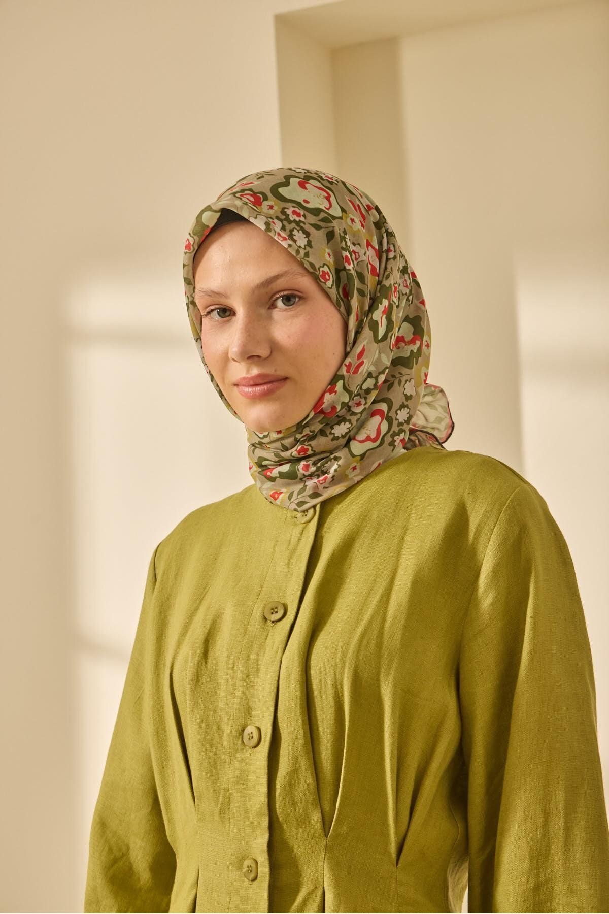 Mine Desen Soft Pamuk Eşarp - kına yeşili