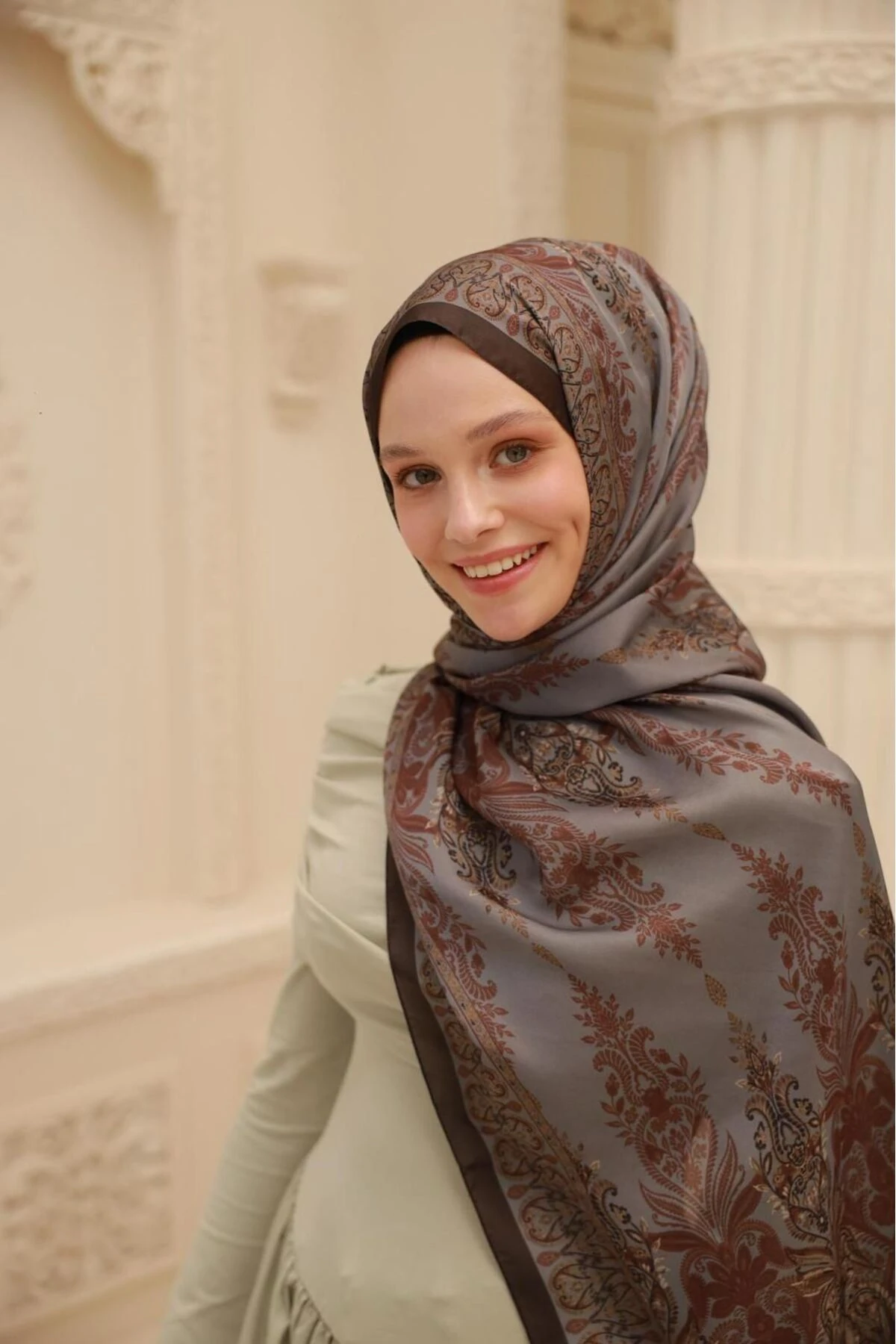 Etnik Desen Velina Şal - gri&kahve