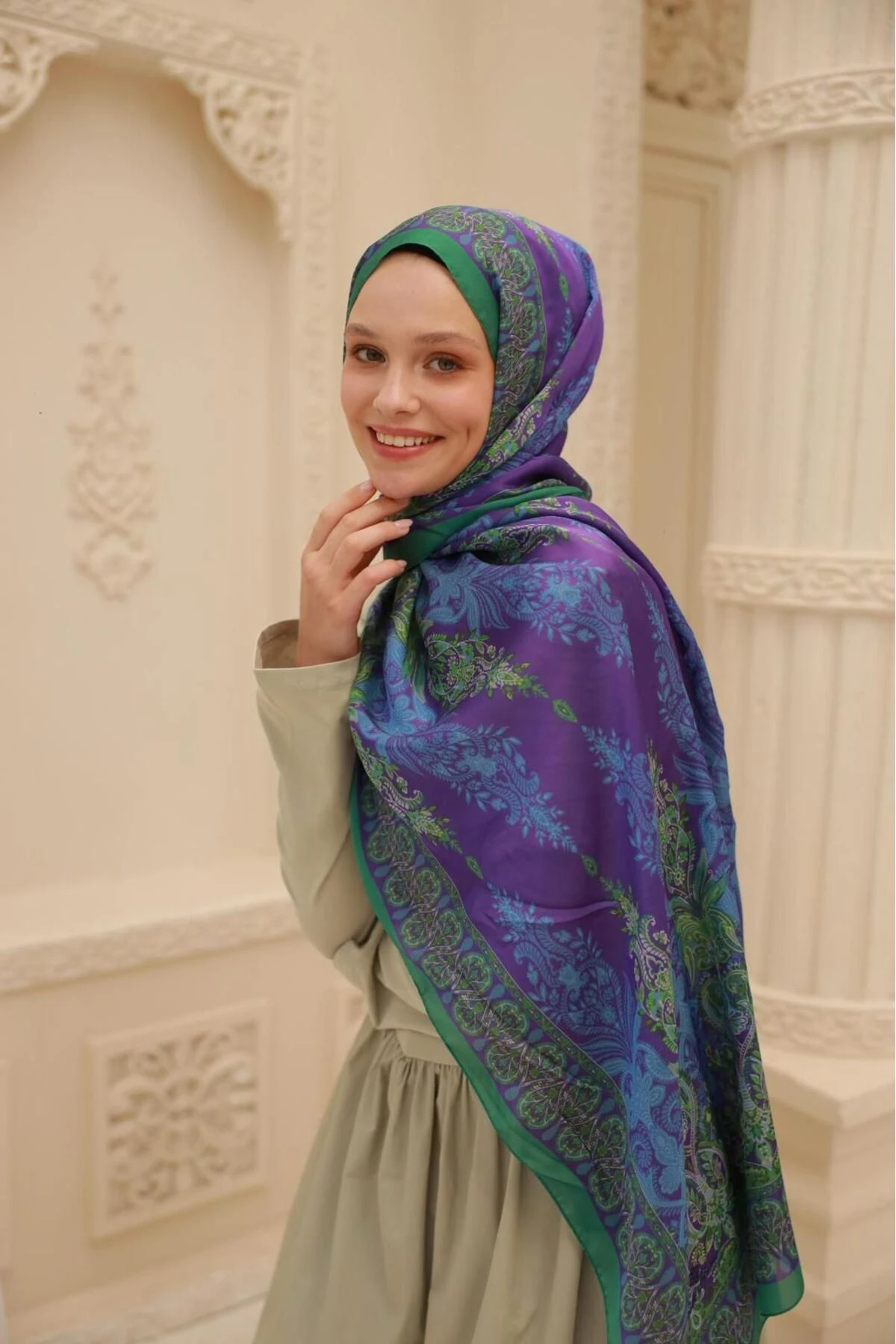 Etnik Desen Velina Şal - mor&yeşil