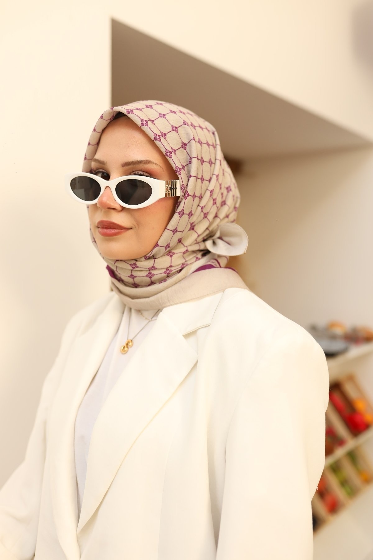 Monogram Desen Olinda Eşarp - krem&eflatun