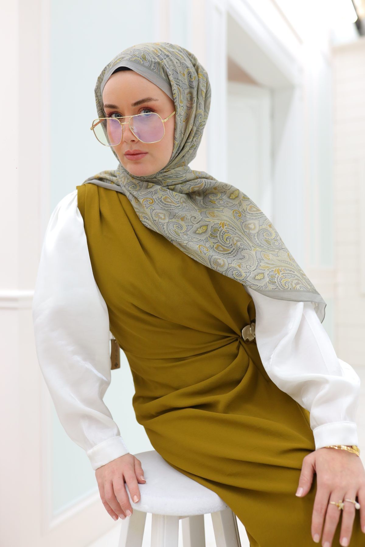 Leyla Desen Naria Şal - gri&hardal