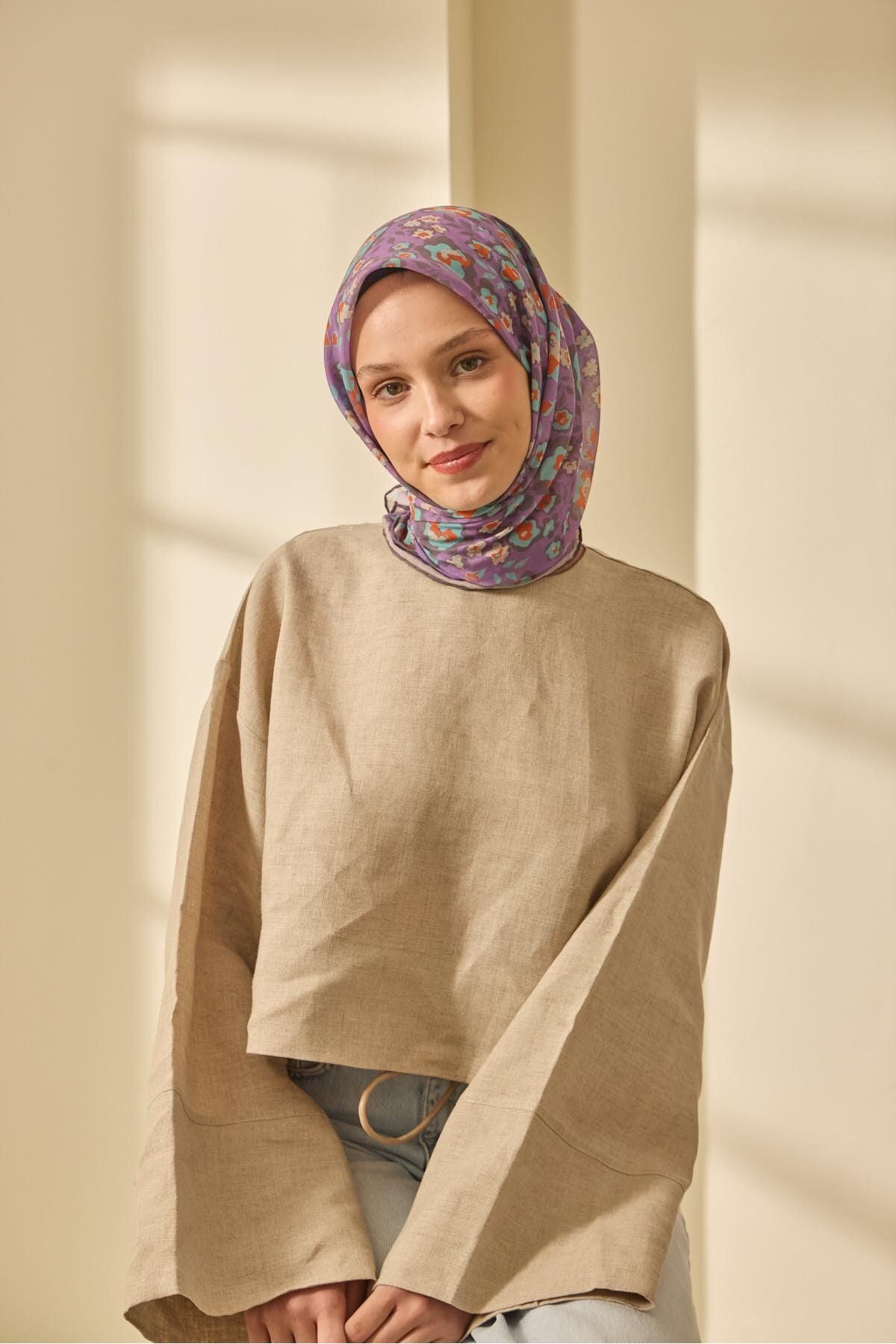 Mine Desen Soft Pamuk Eşarp - eflatun&turkuaz