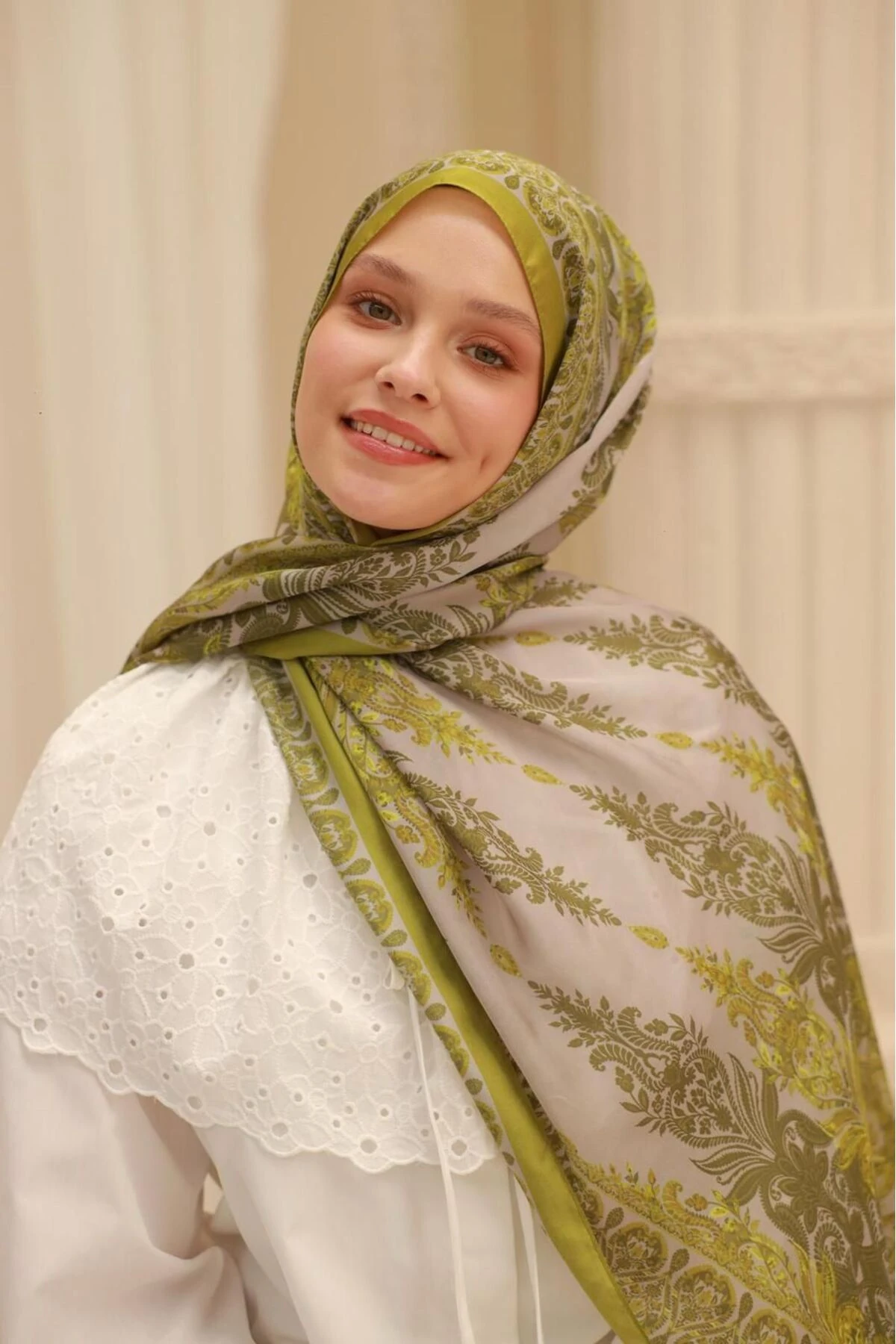 Etnik Desen Velina Şal - bej&zeytin