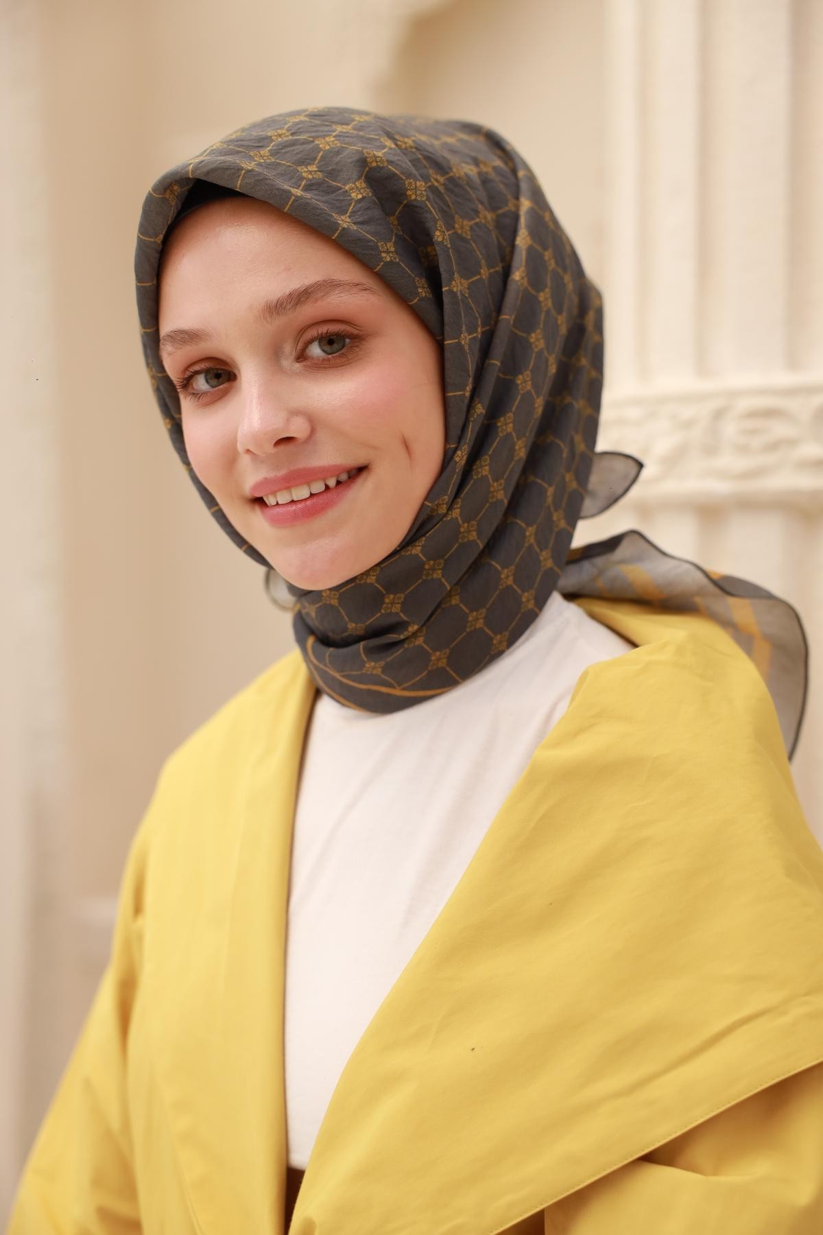 Monogram Desen Olinda Eşarp - gri&hardal