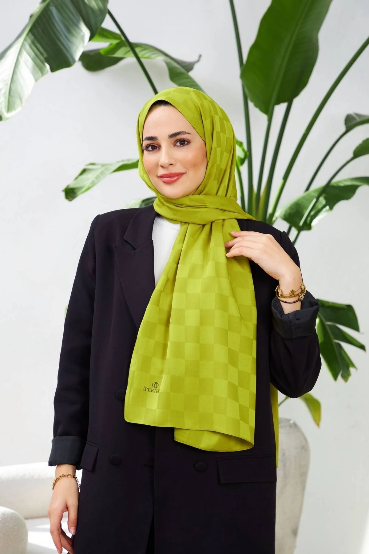 Damalı Desen Jakarlı Şal - yağ yeşili