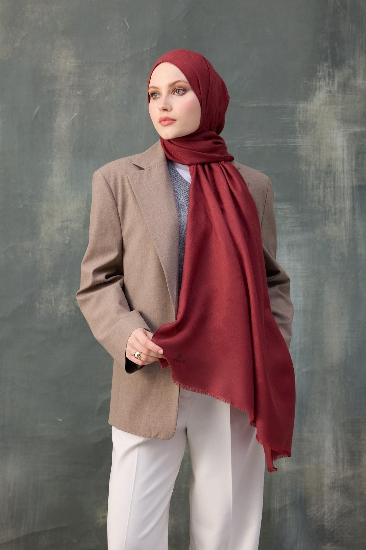 Dalgalı Desen Pamuk Jakar Şal - kırmızı