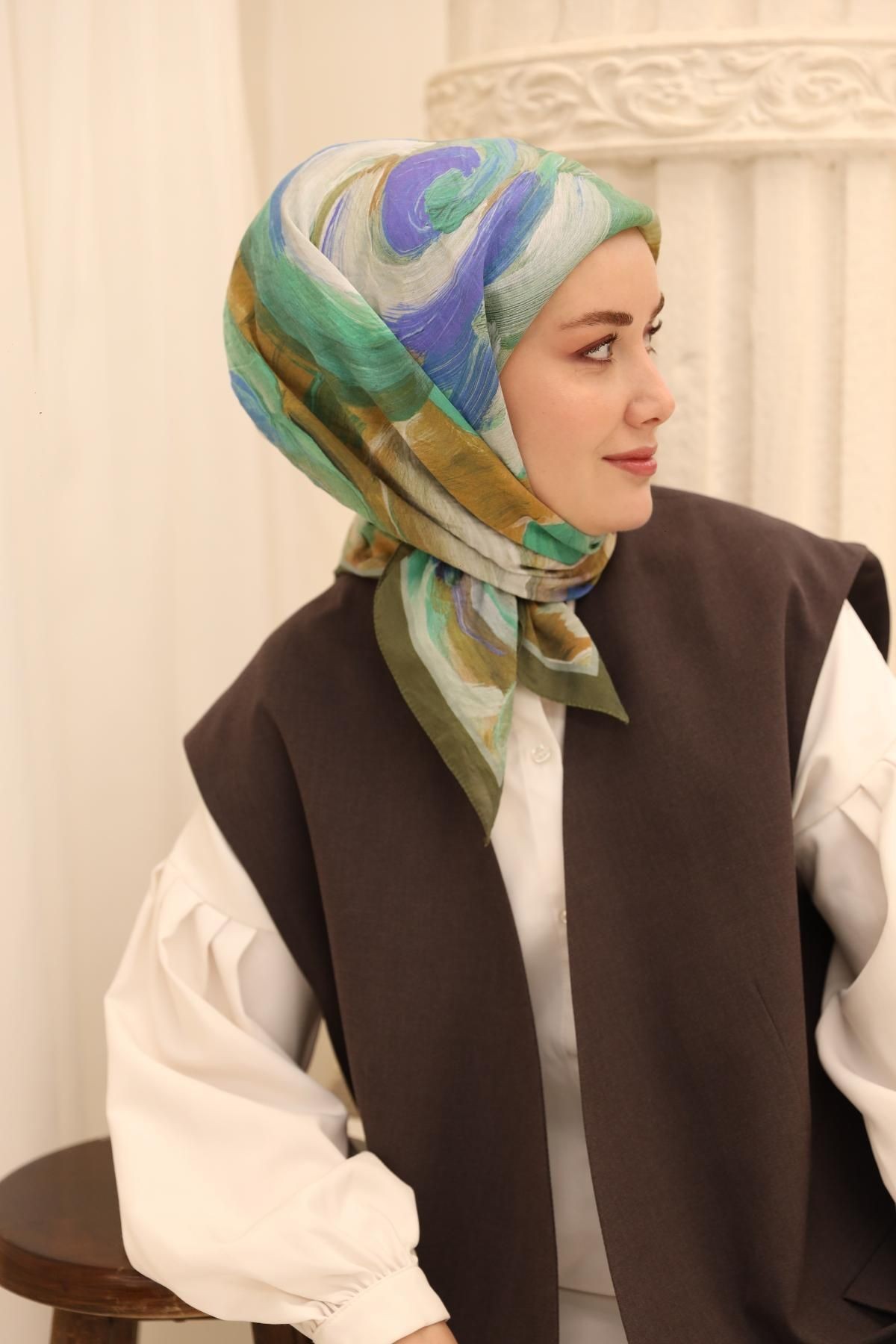 Akrilik Desen Olinda İpek Eşarp - zeytin yeşili
