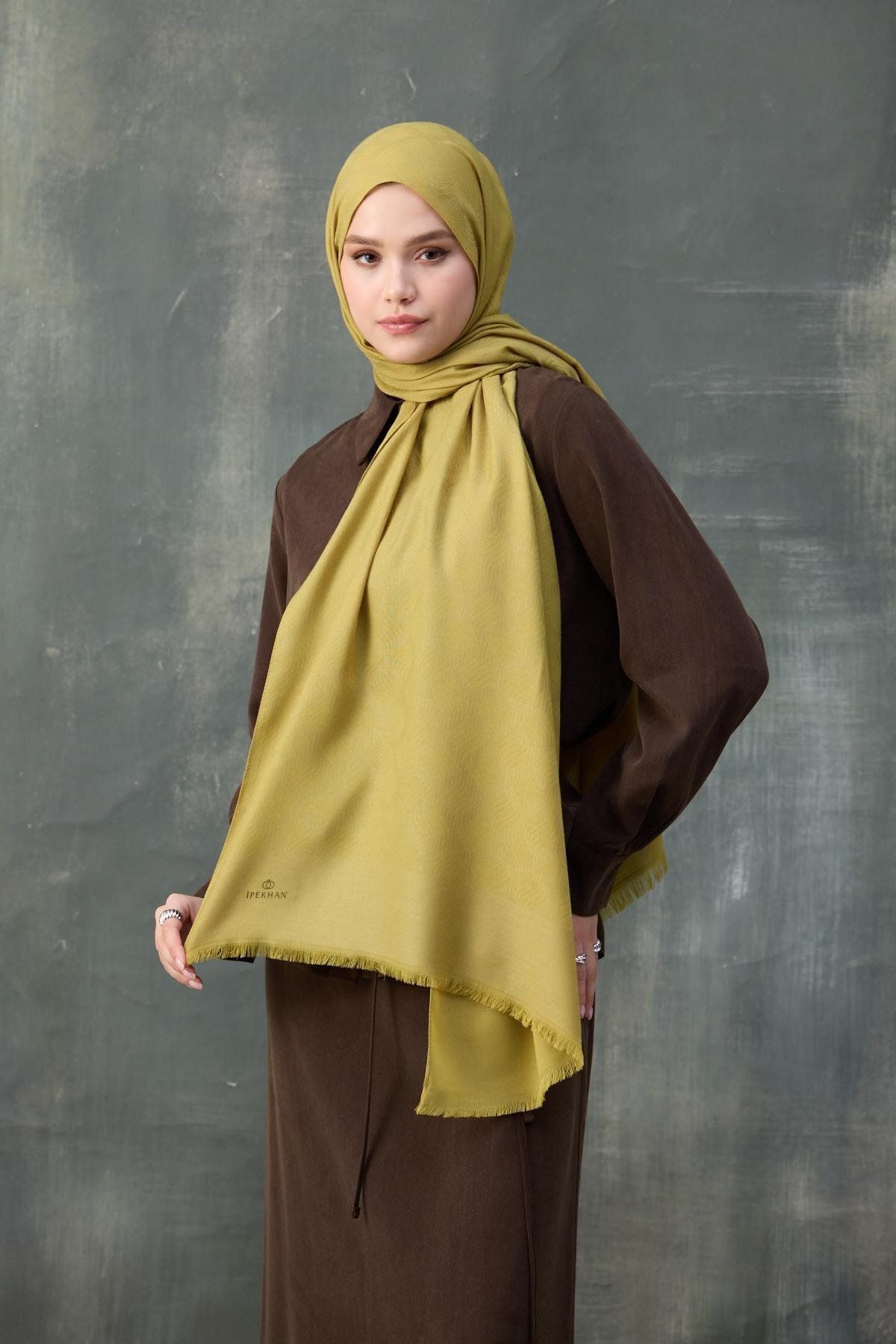 Dalgalı Desen Pamuk Jakar Şal - yağ yeşili