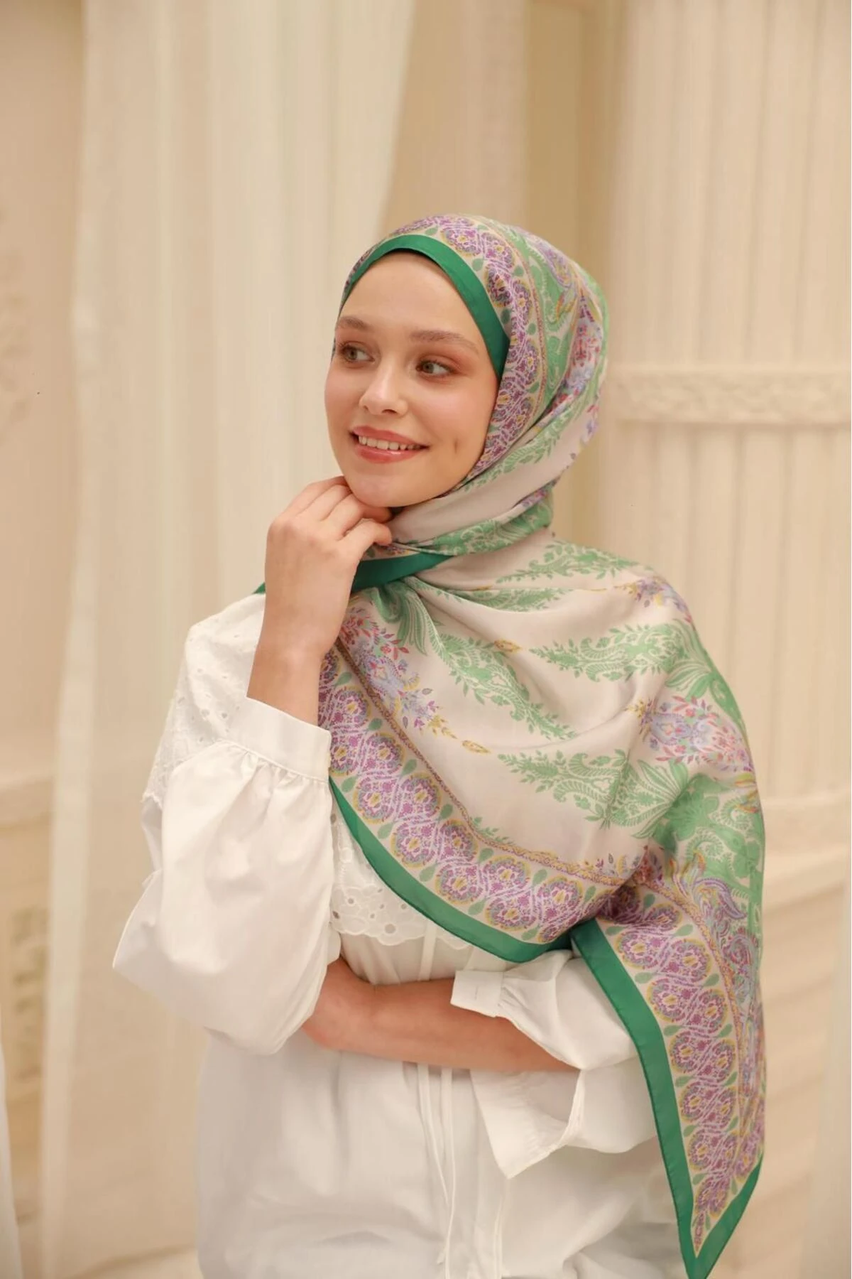 Etnik Desen Velina Şal - bej&yeşil