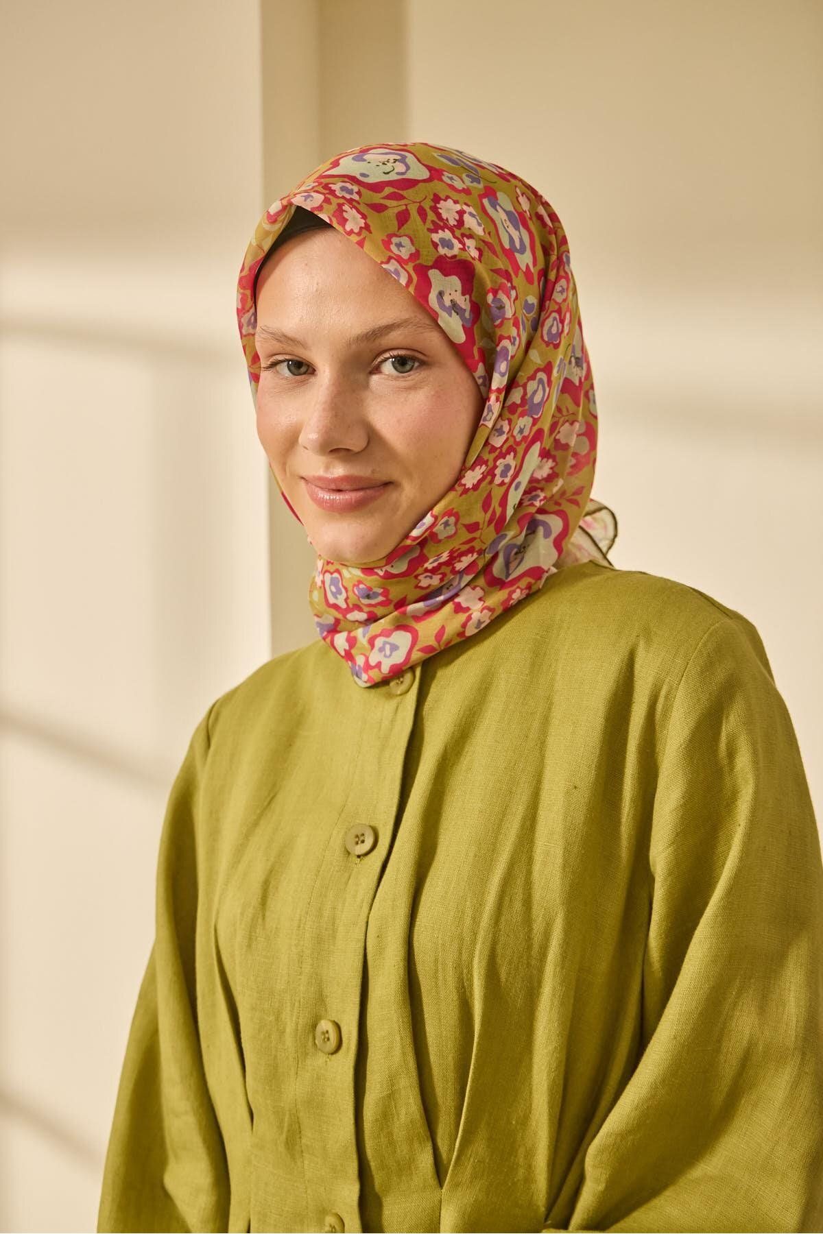 Mine Desen Soft Pamuk Eşarp - yağ yeşili