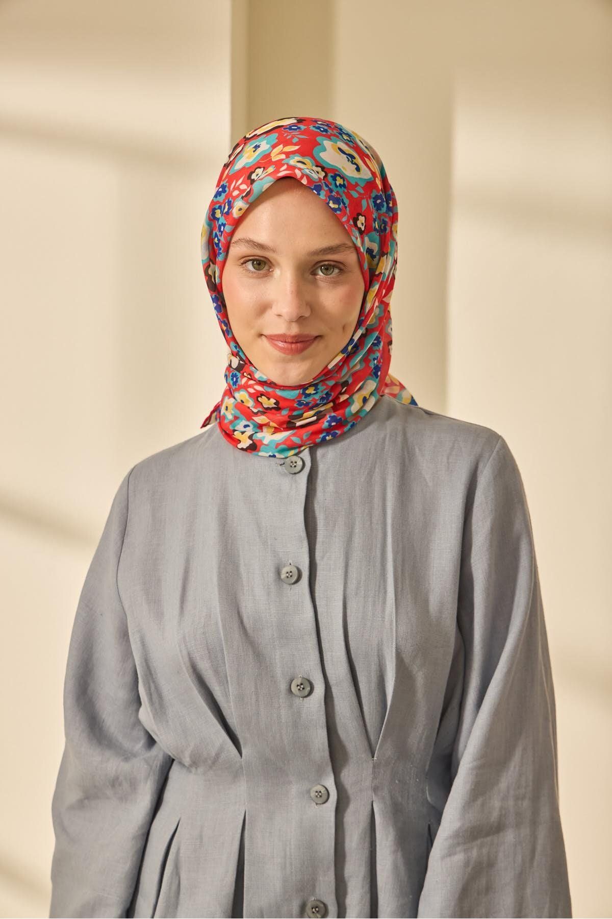 Mine Desen Soft Pamuk Eşarp - kırmızı