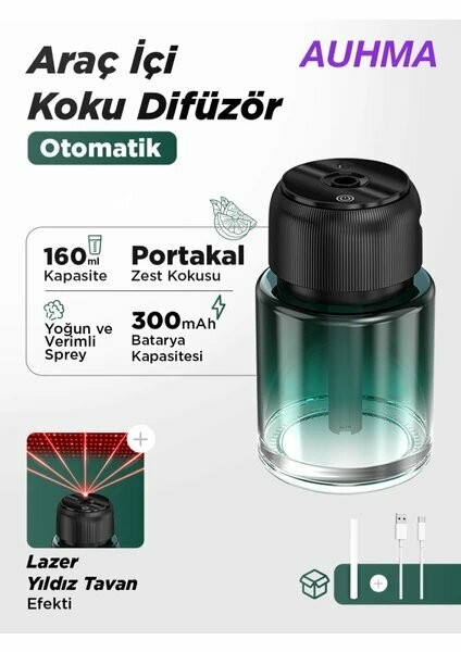 Auhma Af-01 Premium Otomatik Araç İçi Koku Difüzör - Lazer Yıldız Tavan - Type-C 300MAH
