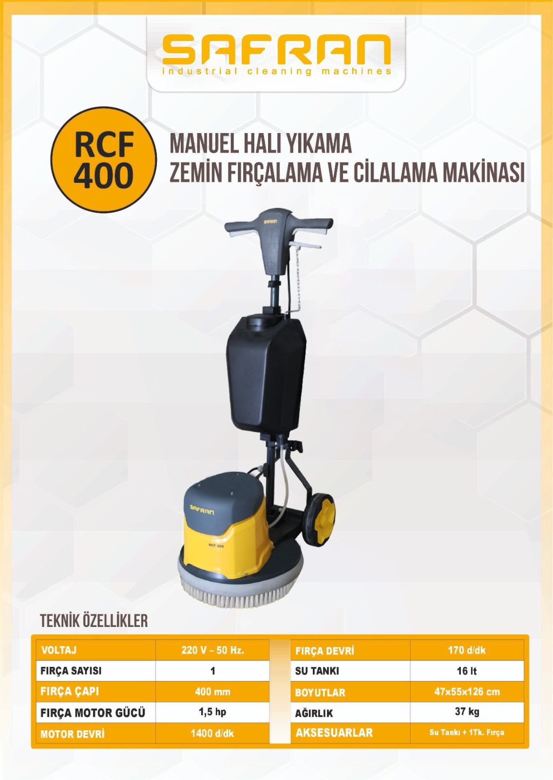 Safran Manuel Halı Yıkama, Zemin Fırçalama ve Cilalama Makinası RCF 400