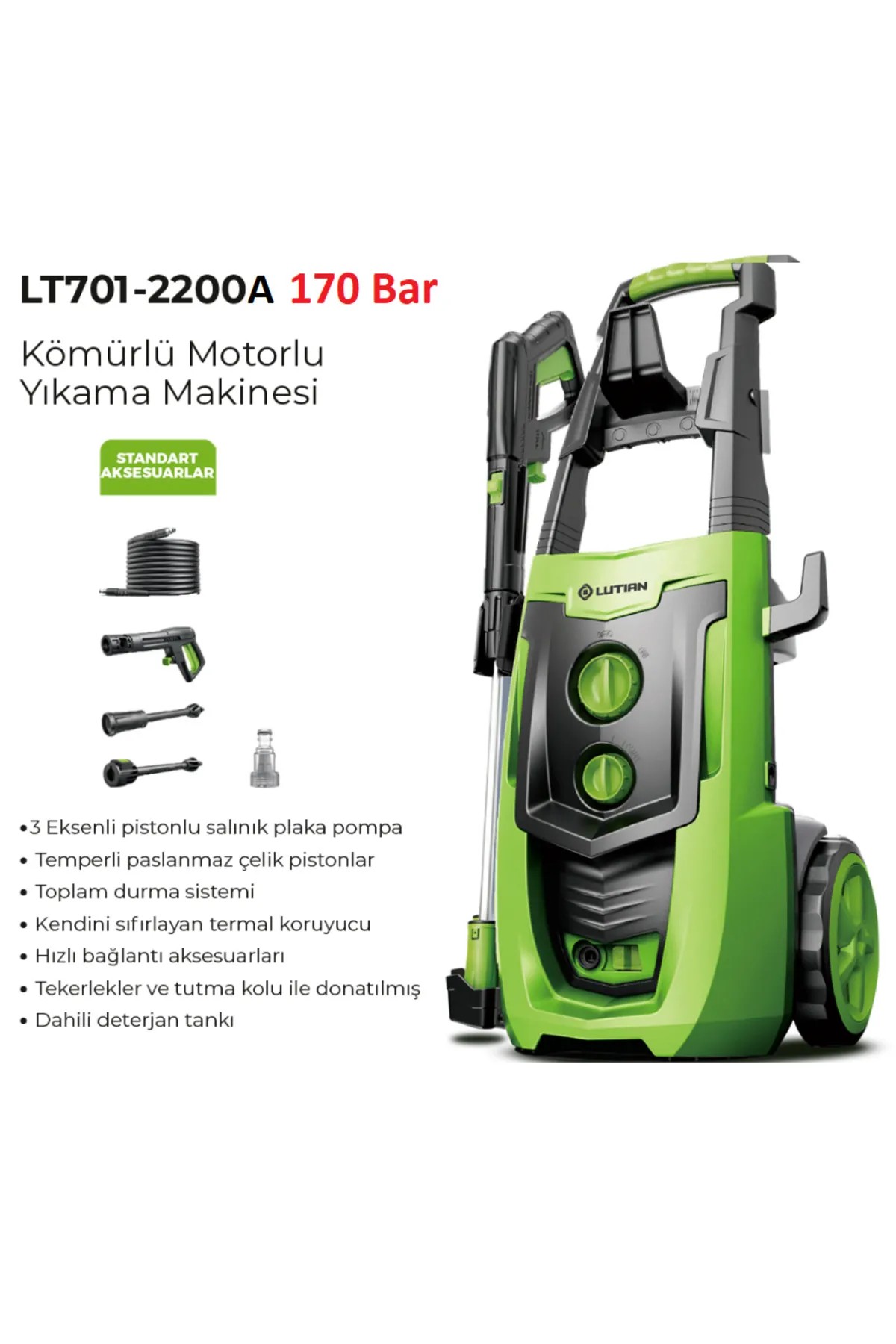 Lutian Lt701-2200a - 170 Bar Elektrikli Yüksek Basınçlı Oto Araba Yıkama Makinası Kömürlü Motor