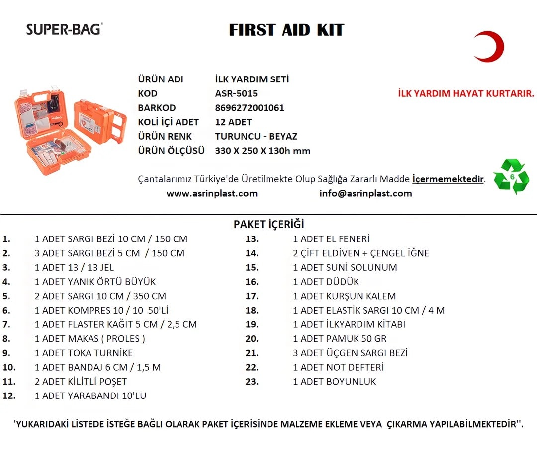 SUPER-BAG ASR-5015 Büyük İlk Yardım Seti | Plastik Çantalı – Ev, Araç, Ofis, Kamp İçin Uygun