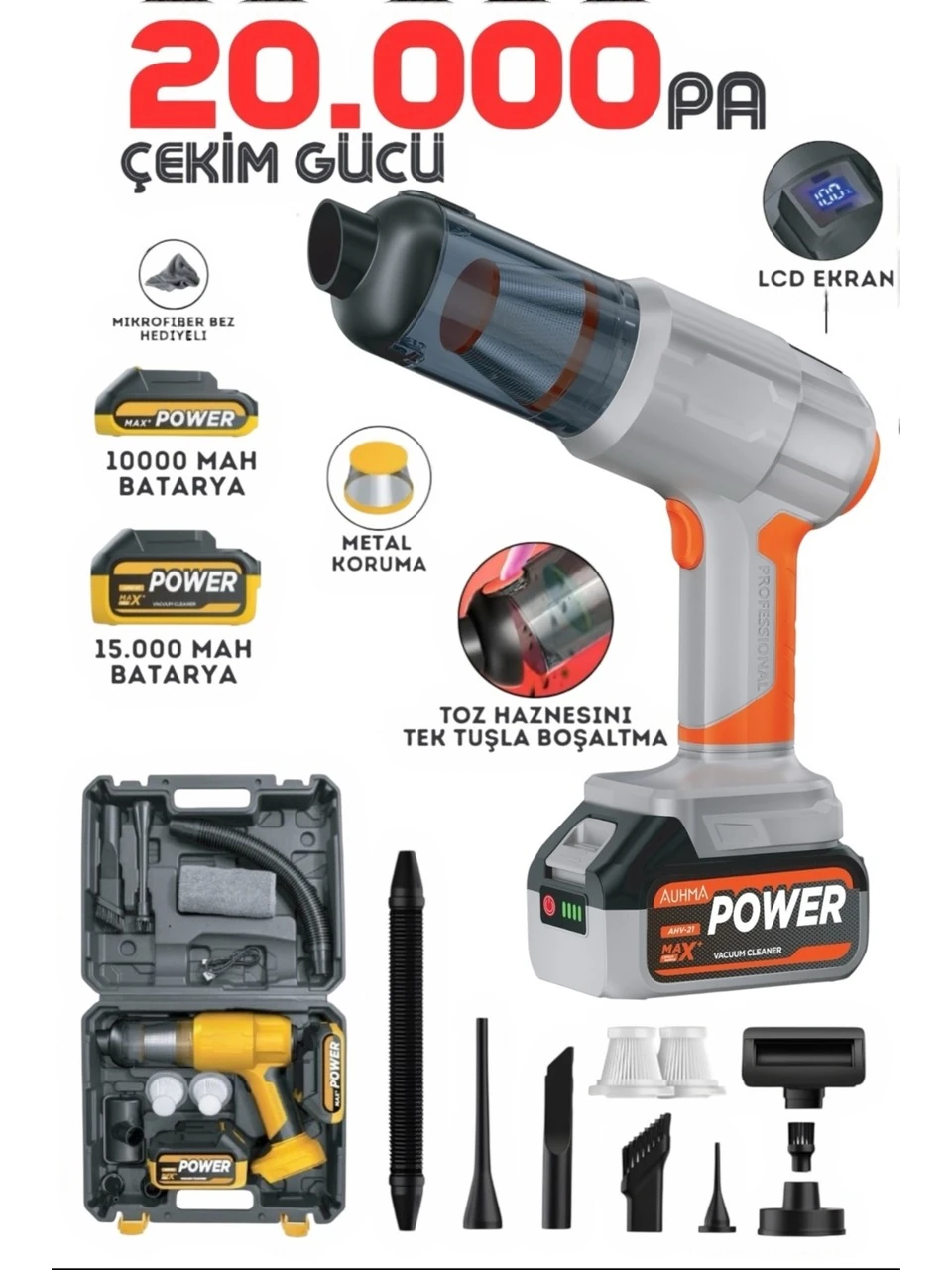 Auhma Araç Süpürgesi Basınçlı Profesyonel Şarjlı 20000PA 20KPa 90000RPM AHV-21 7736