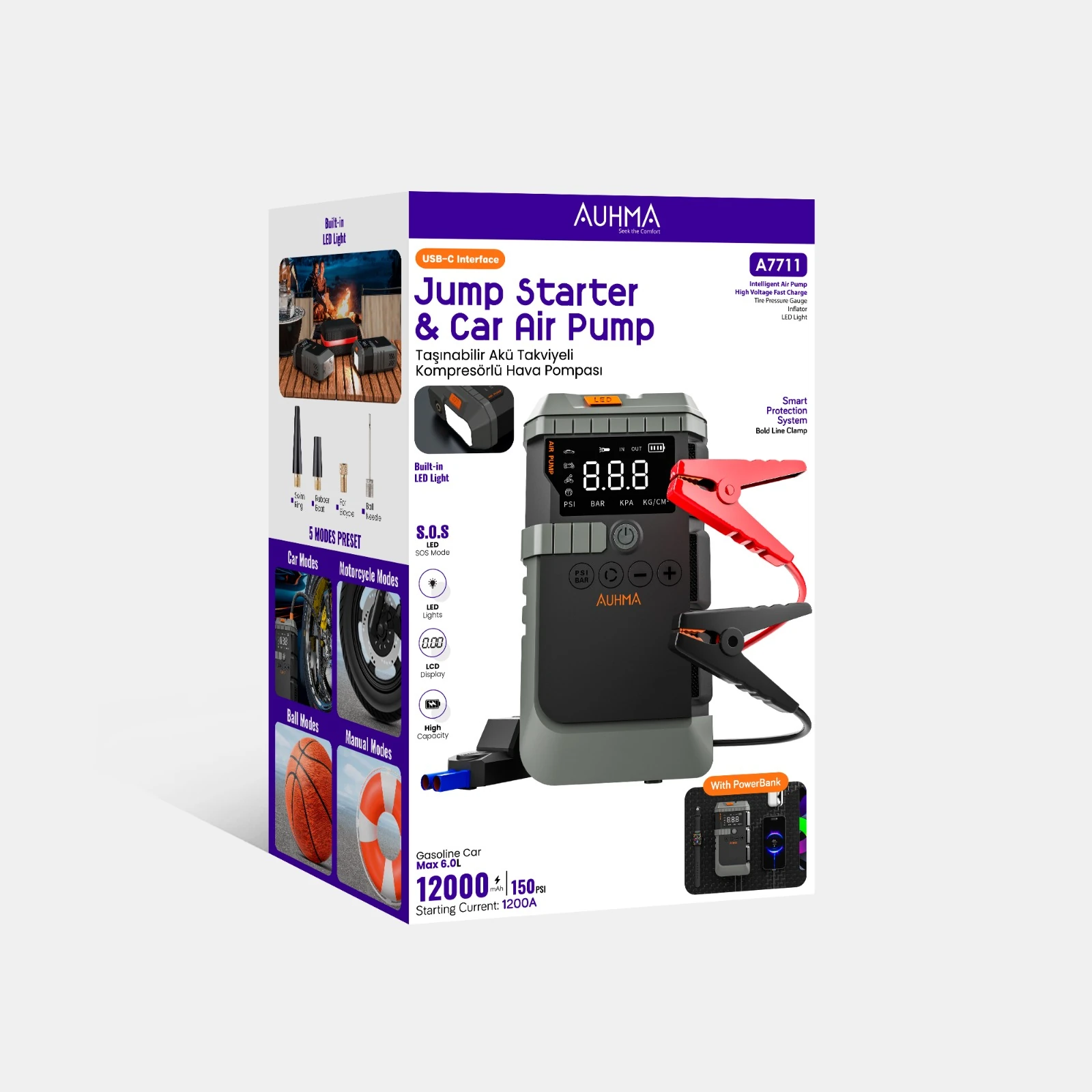 Auhma A7711 Jump Starter / Akü Takviye Cihazı | 4'ü 1 Arada