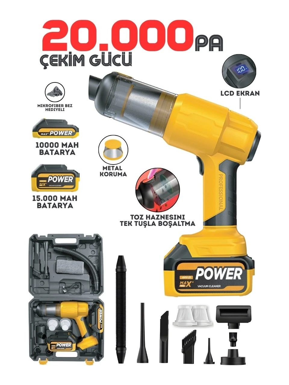 Auhma Ahv-21 25000MAH Çift Bataryalı 20000PA Ultra Çekim Güçlü Çantalı Yedek Filtreli Araç Temizleme Süpürgesi 7736