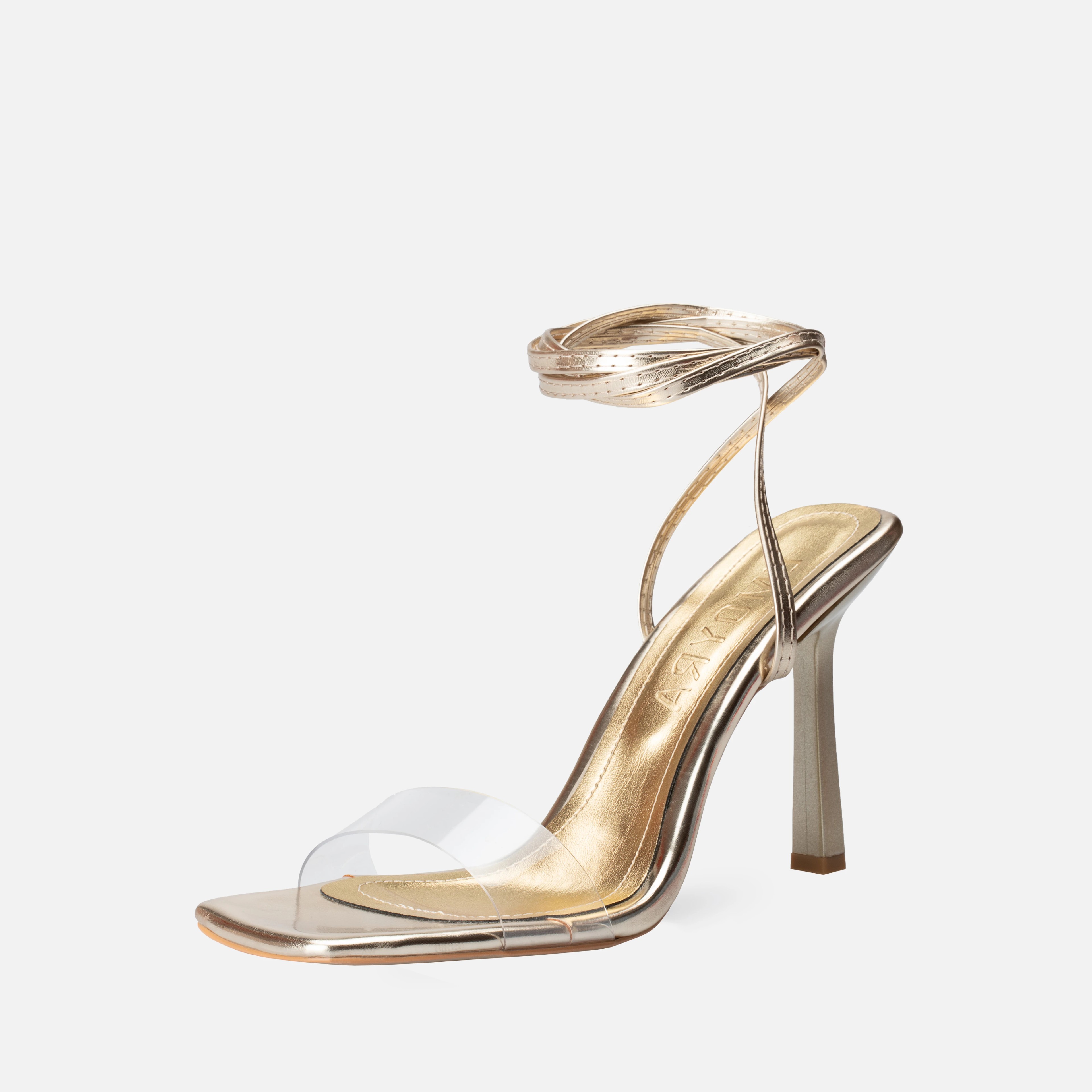 Metalik Şeffaf Bantlı Bağcıklı İnce Yüksek Topuklu Ayakkabı - Gold
