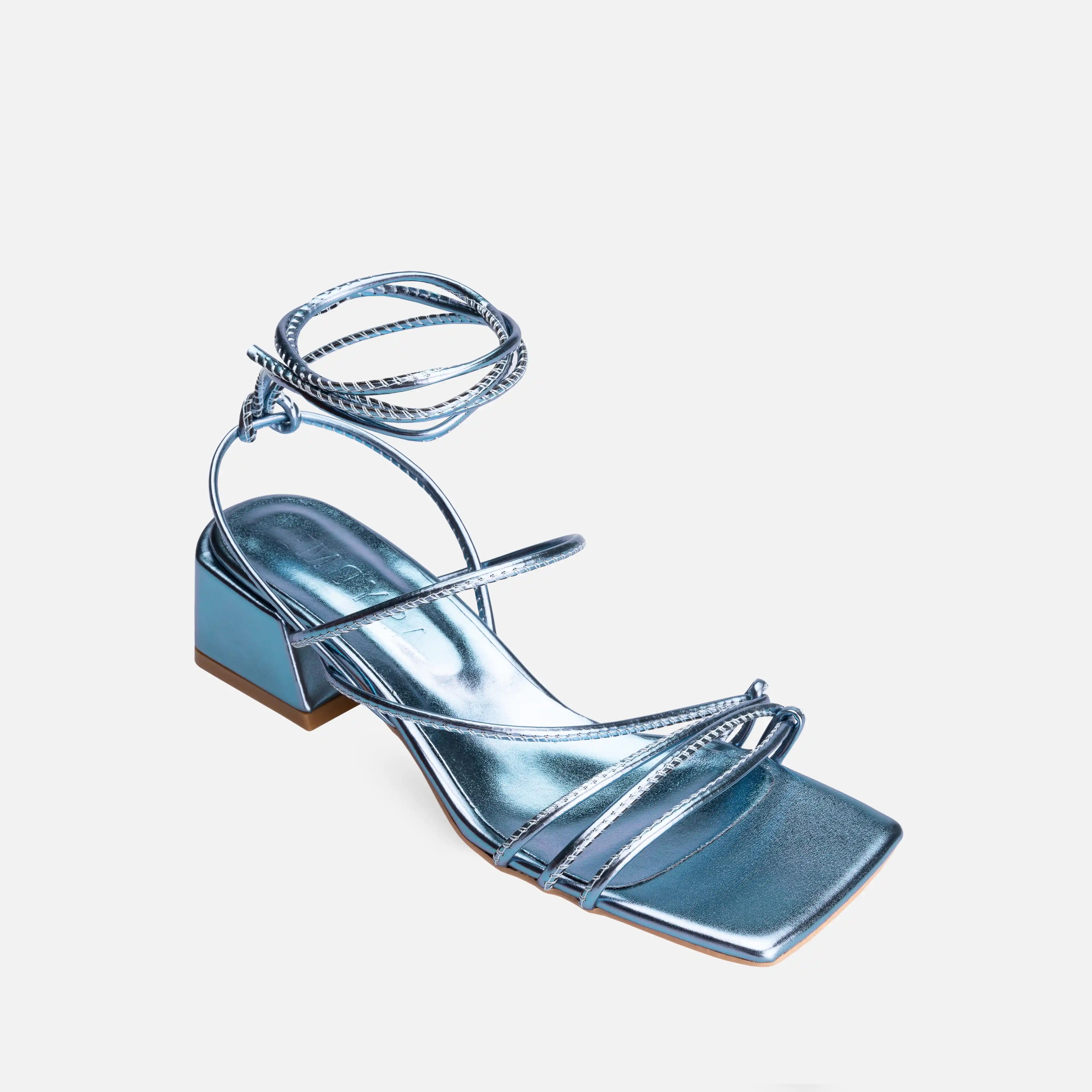 Metallic Lace-up Thick Short Heel Sandals - Blue