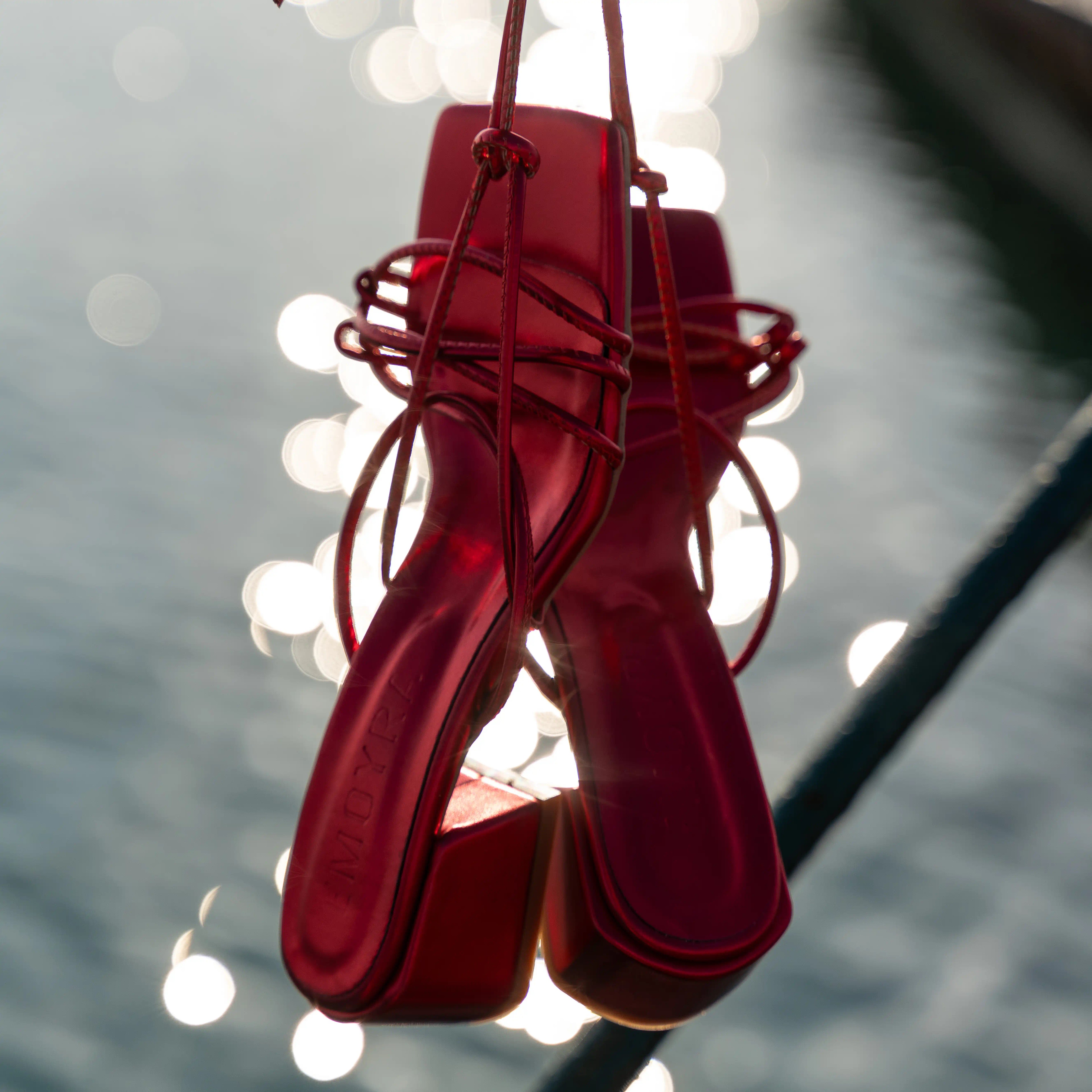 Metallic Lace-up Thick Short Heel Sandals - Red
