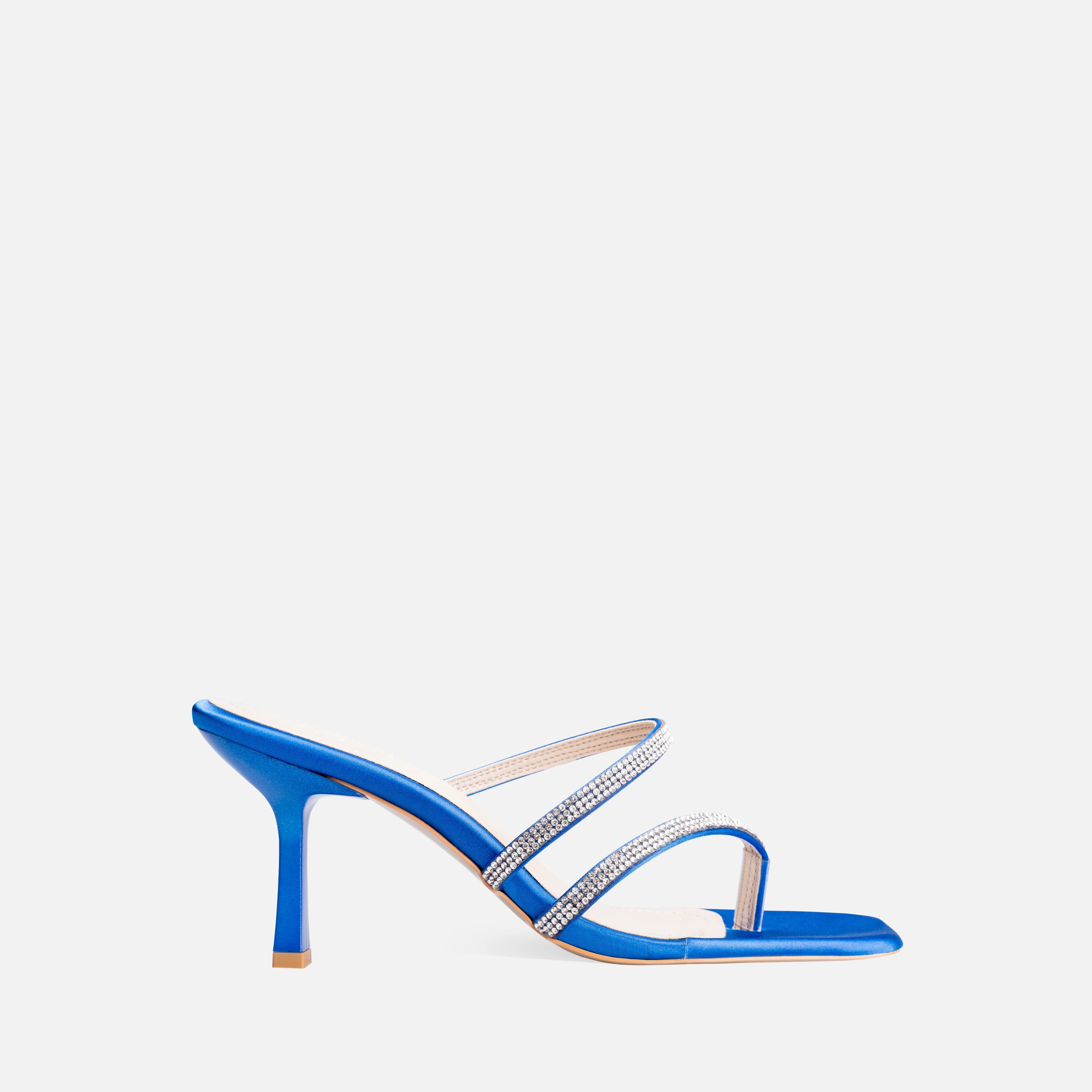 Satin Crystal Embroidered Thin High-Heeled Mules - Blue