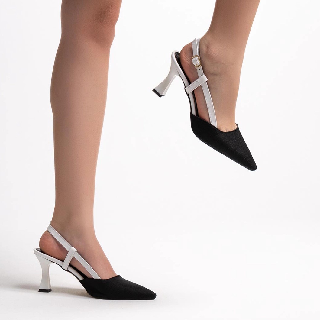 Denim İnce Yüksek Topuklu Stiletto - Siyah-Beyaz